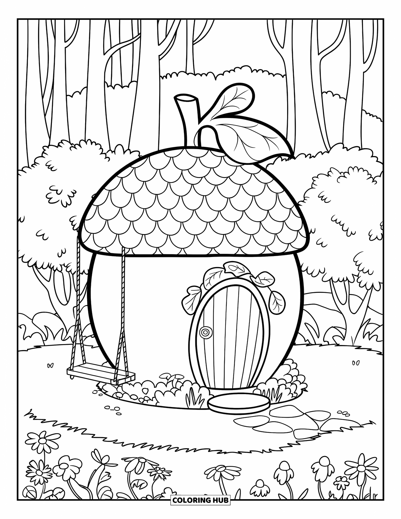 Feeënhuis Kleurplaat voor Kinderen: Een feeënhuis in de vorm van een eikel, met een kleine schommel en een weelderige tuin