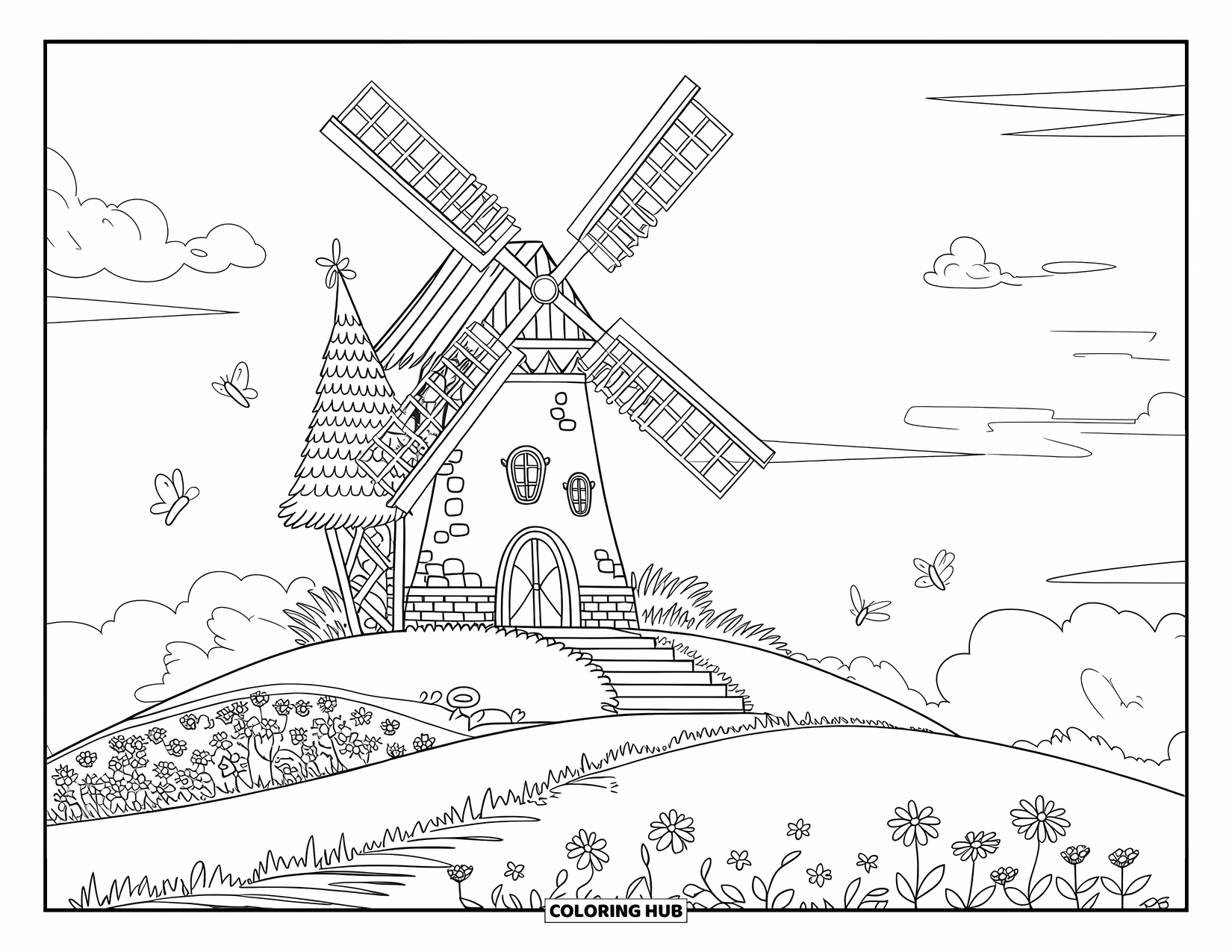 Feeënhuis Kleurplaat voor Kinderen: Een feeënhuis met een puntig dak, gelegen op een heuvel, omringd door fladderende vlinders