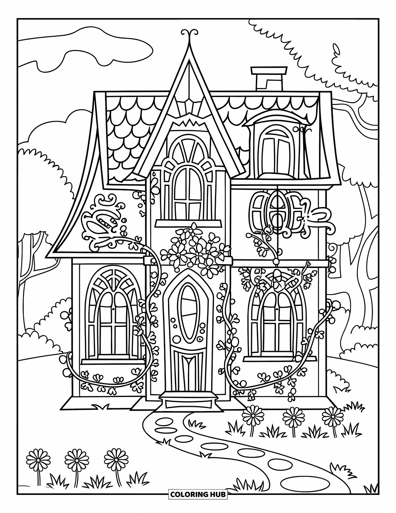 Feeënhuis Kleurplaat voor Kinderen: Een feeënhuis met ramen in Victoriaanse stijl, een grote ingang en delicate wijnranken die tegen de muren klimmen