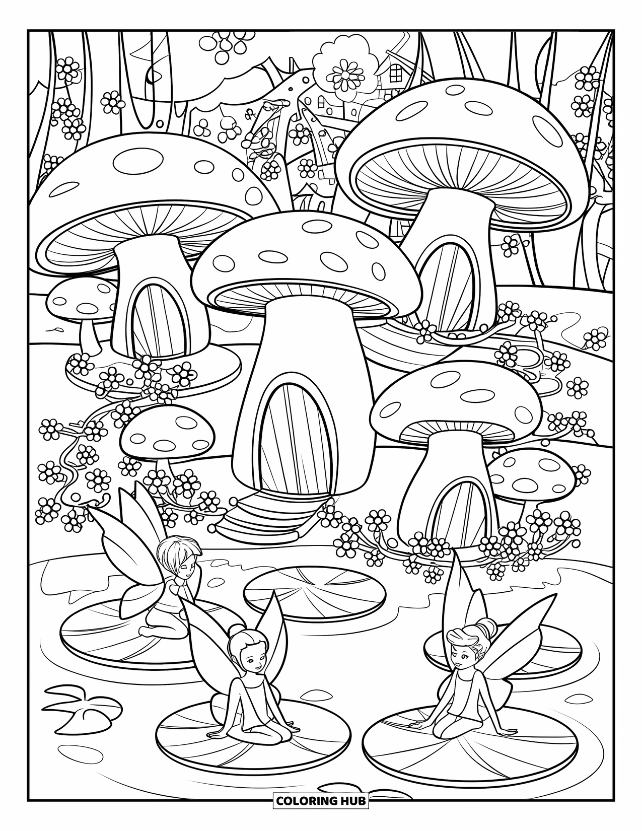 Feeënhuis Kleurplaat voor Kinderen: Een feeëndorp met paddenstoelenhuizen, kleine bruggen en feeën die op leliebladen in een vijver zitten
