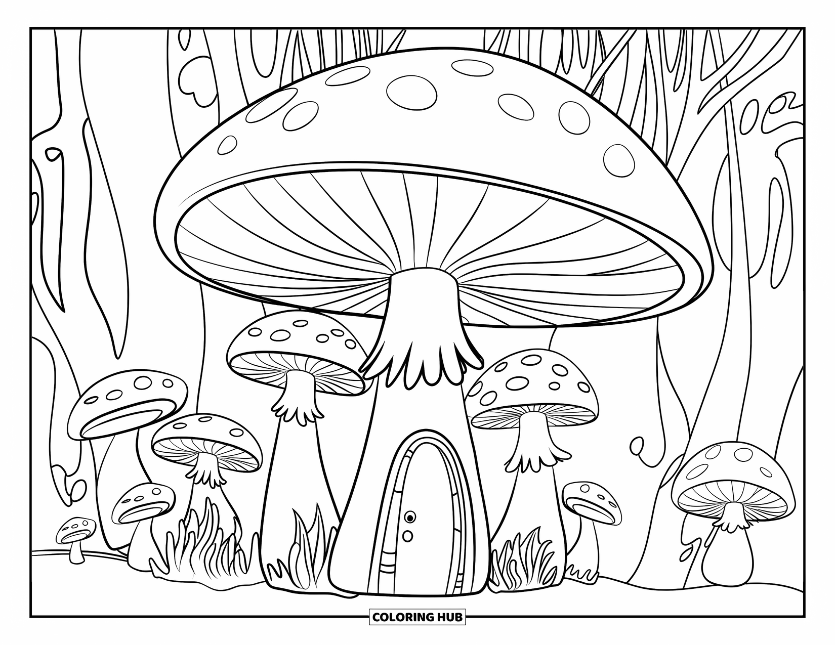 Feeënhuis Kleurplaat voor Kinderen: Een gloeiend paddenstoelenbos vol met feeënhuizen, kleine lantaarns en magische wezens