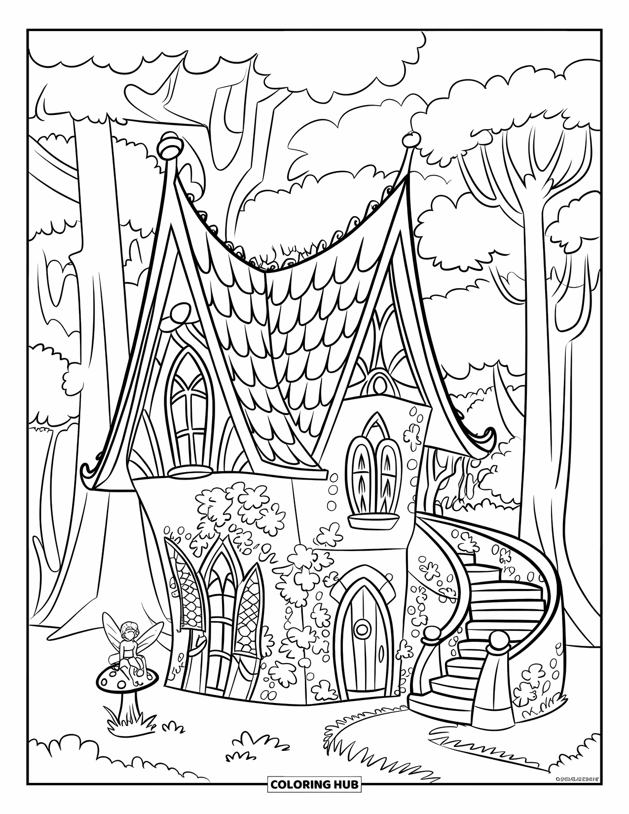 Feeënhuis Kleurplaat voor Kinderen: Een gotische feeëncottage omgeven door klimop, met elegante ramen en een mysterieus stenen pad