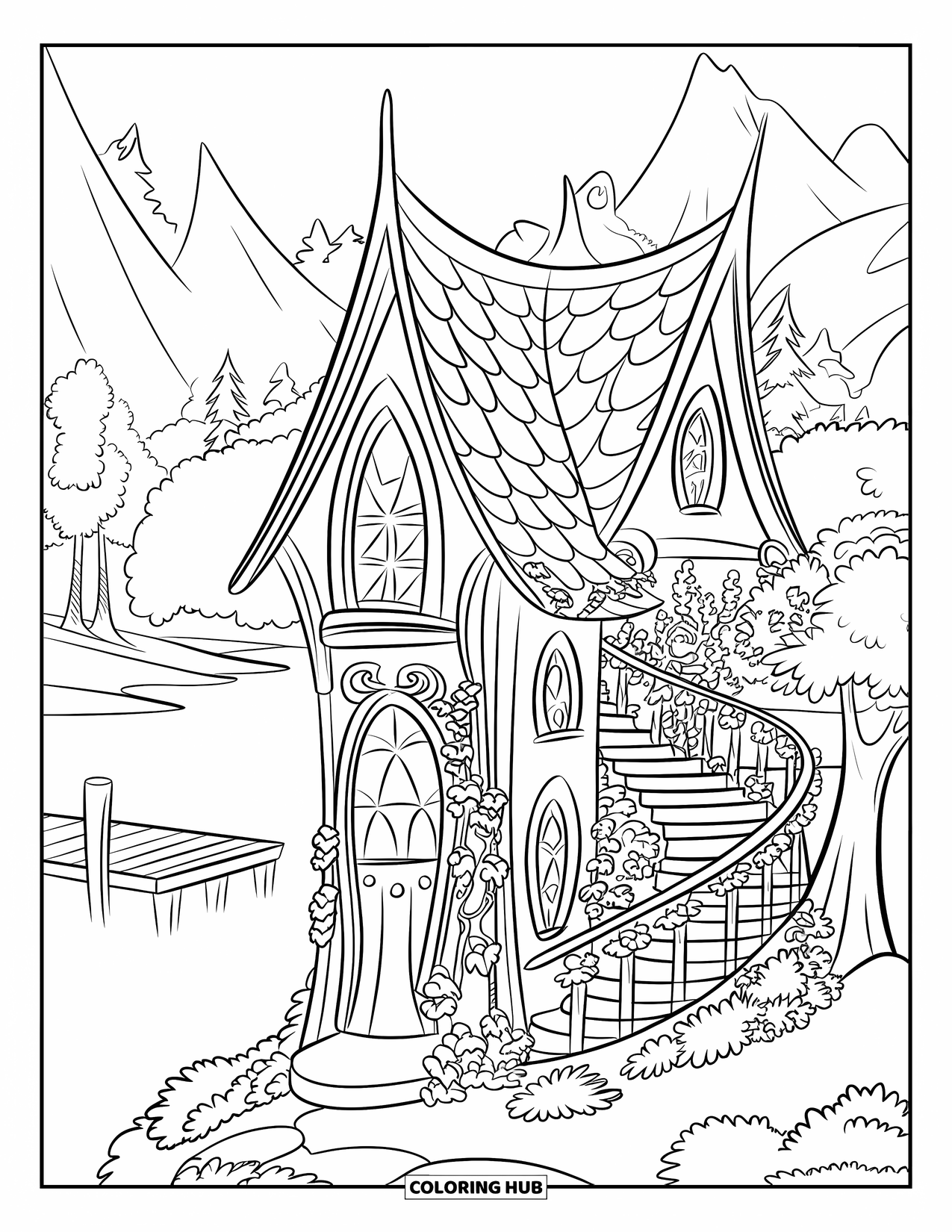 Feeënhuis Kleurplaat voor Kinderen: Een gotisch feeënhuis met torenhoge ramen, weelderig groen en een vredig meer op de achtergrond