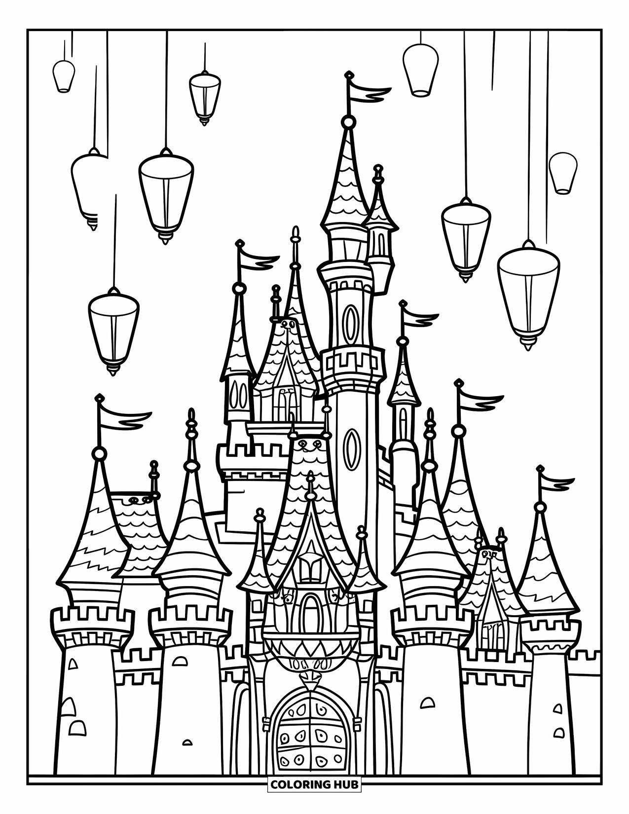 Feeënhuis Kleurplaat voor Kinderen: Een groots feeënkasteel met meerdere torens, gloeiende ramen en zwevende lantaarns in de nachtelijke hemel