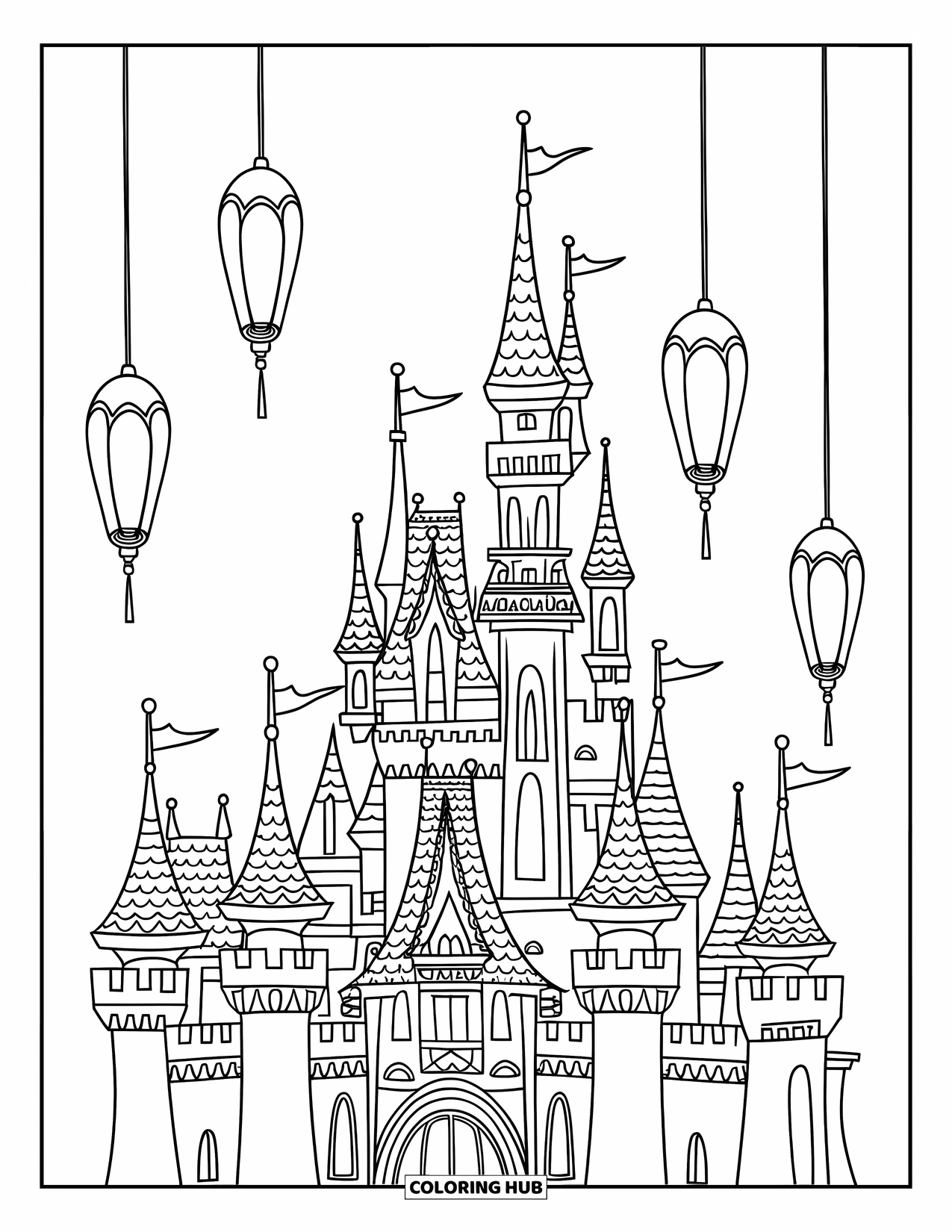 Feeënhuis Kleurplaat voor Kinderen: Een groots feeënkasteel met meerdere torens, puntige daken en gloeiende ramen tussen zwevende lantaarns