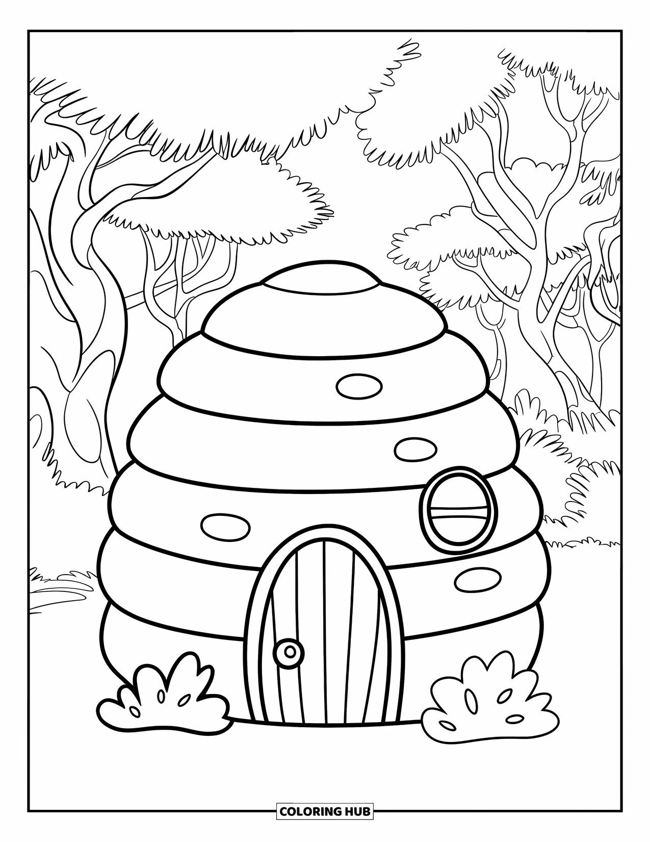 Feeënhuis Kleurplaat voor Kinderen: Een honingraatvormig feeënhuis met een houten deur, een rond raam en bloemen eromheen