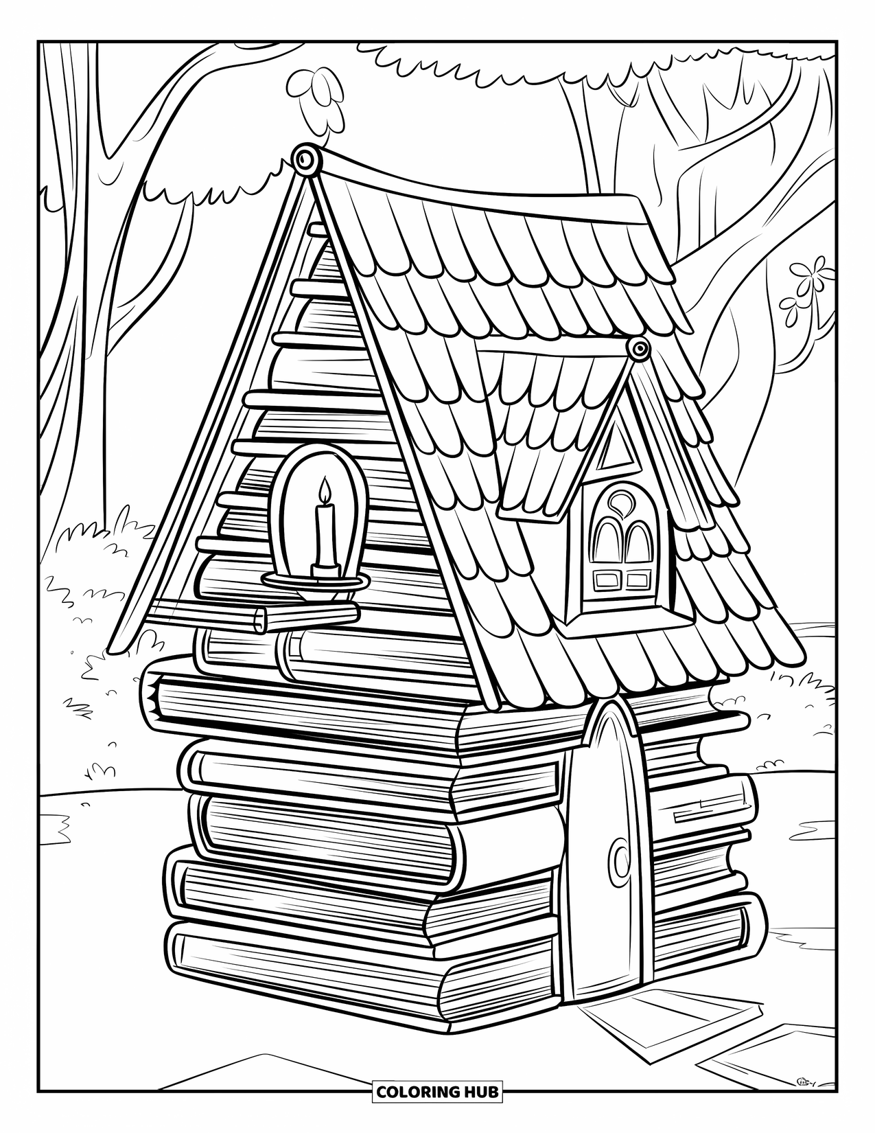 Feeënhuis Kleurplaat voor Kinderen: Een huis volledig gemaakt van gestapelde boeken, met een raam met kaarslicht en een klein houten balkon