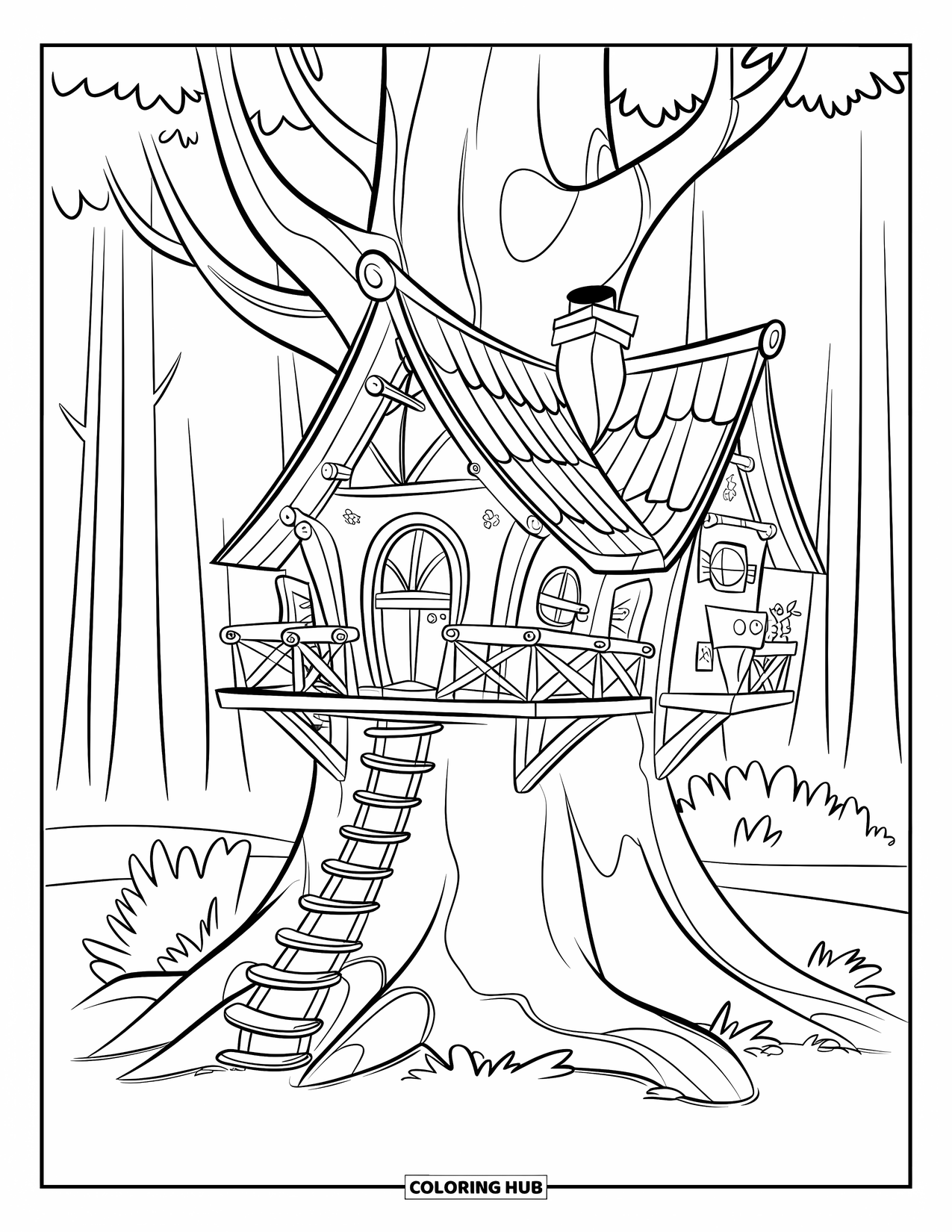 Feeënhuis Kleurplaat voor Kinderen: Een groot feeënhuis gebouwd in een boom, met een houten balkon, een kleine schoorsteen en een touwladder