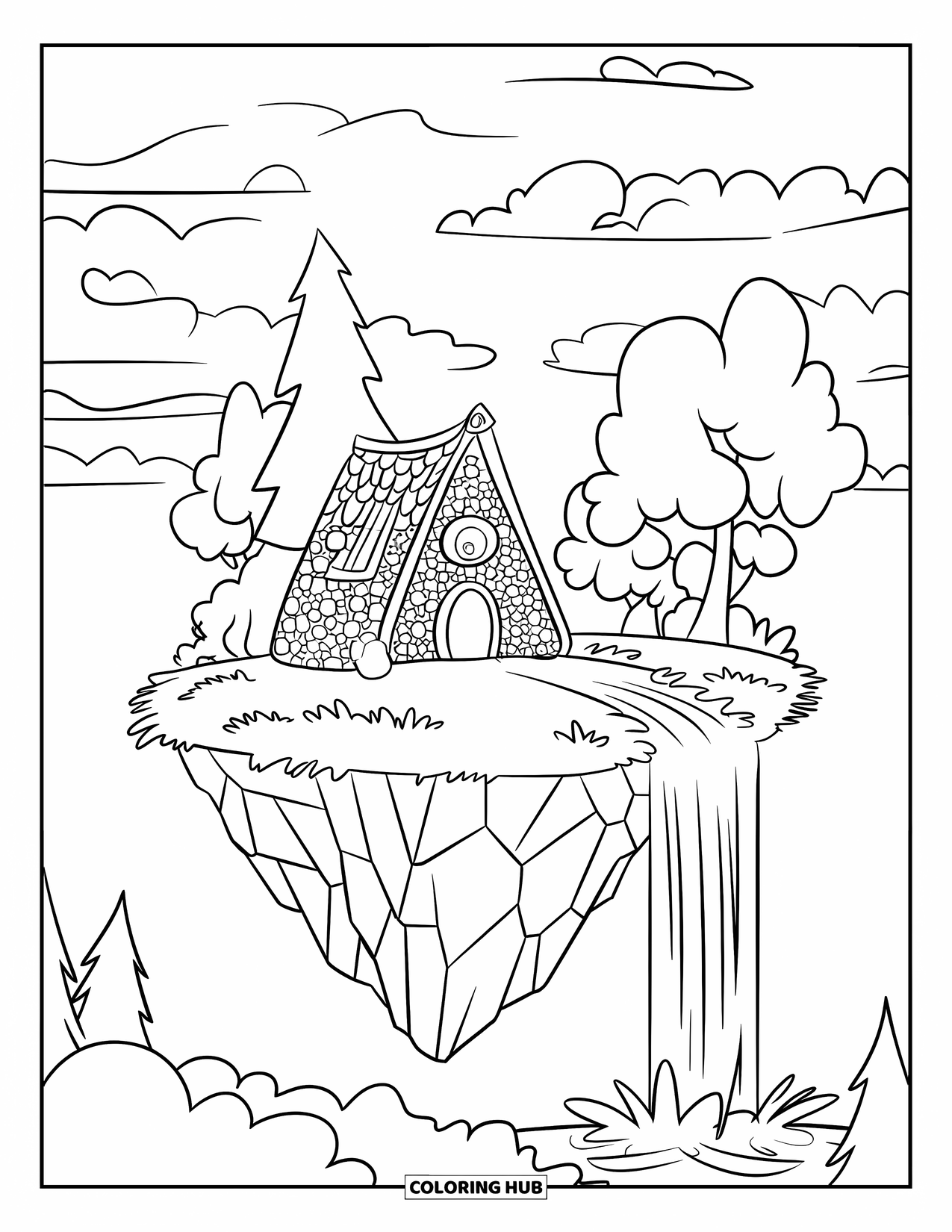 Feeënhuis Kleurplaat voor Kinderen: Een magisch drijvend eiland met een kiezel-feeënhuis, weelderig groen en watervallen die naar beneden stromen