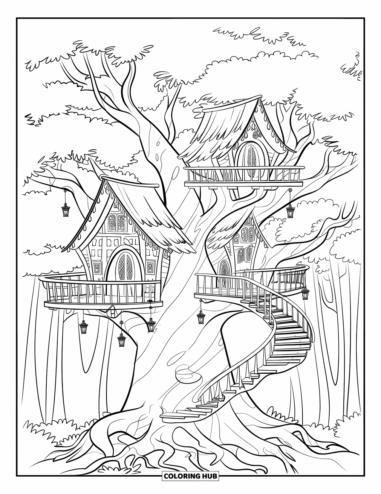 Feeënhuis Kleurplaat voor Kinderen: Een magische boomhut gebouwd rond een gedraaide boom, met trappen, balkons en weelderig groen
