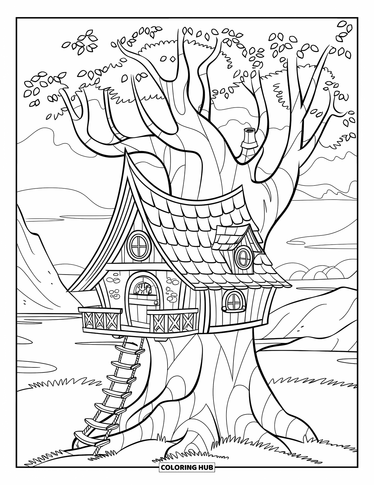 Feeënhuis Kleurplaat voor Kinderen: Een magische boomhut-feeënhuis met kronkelende trappen, lantaarns en takken vol groen