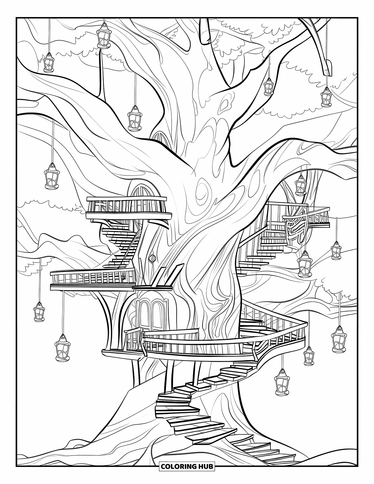 Feeënhuis Kleurplaat voor Kinderen: Een boomhut met meerdere verdiepingen verborgen in een oude boom, met gloeiende lantaarns en houten bruggen