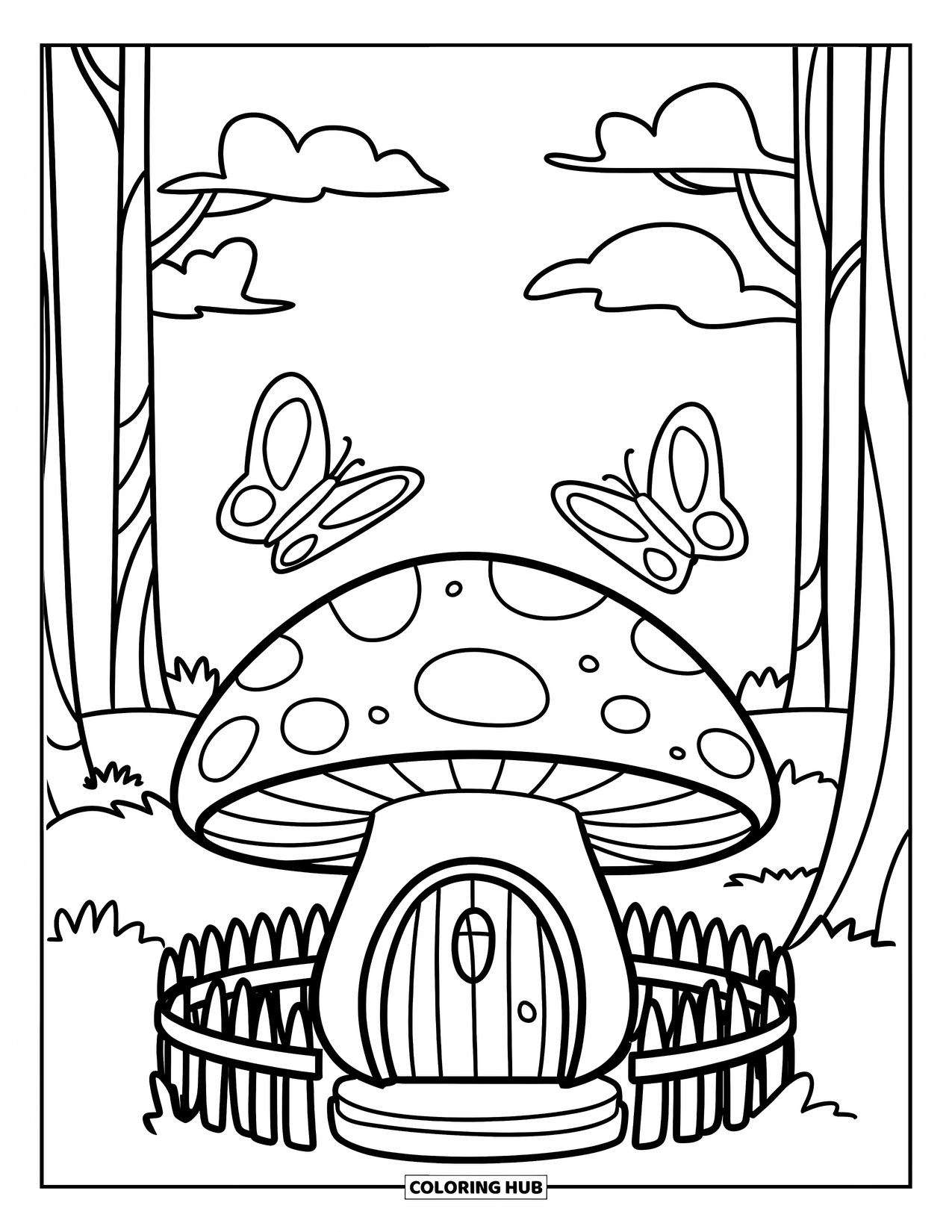 Feeënhuis Kleurplaat voor Kinderen: Een paddenstoel-feeënhuis in een bos, met een gebogen dak, een klein hek en hoge bomen in de buurt