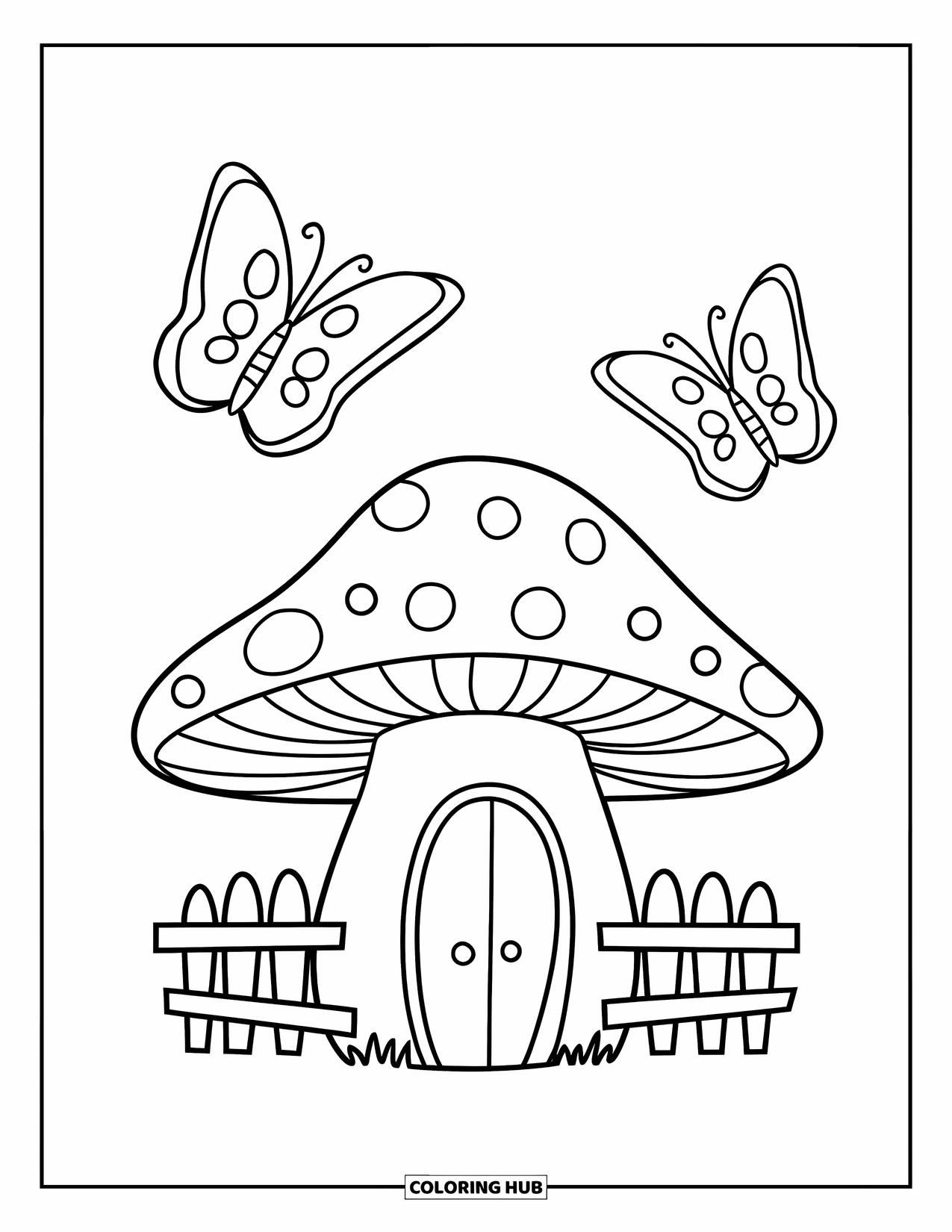 Feeënhuis Kleurplaat voor Kinderen: Een paddenstoel-feeënhuis met een gebogen dak, een kort hek en vlinders die in de buurt fladderen