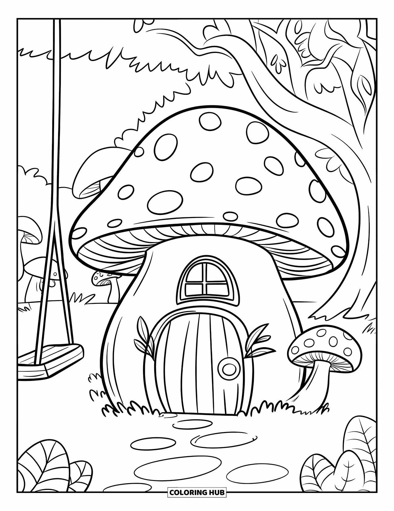 Feeënhuis Kleurplaat voor Kinderen: Een paddenstoelenhuis met een gebogen deur, bladergordijnen en een schommel die aan een boomtak hangt