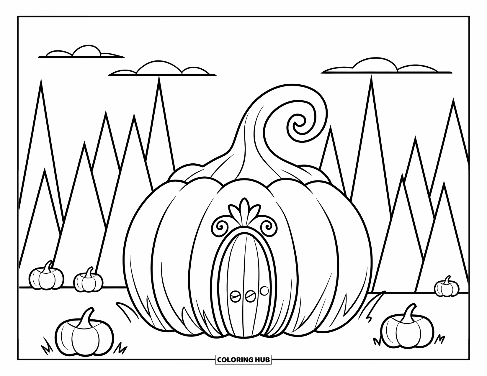 Feeënhuis Kleurplaat voor Kinderen: Een pompoen-feeënhuis met een gebogen steel-veranda, omringd door bomen en verspreide pompoenen