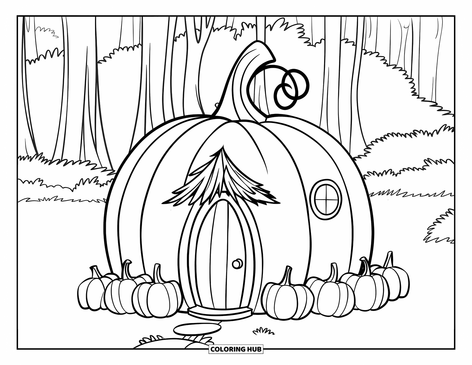 Feeënhuis Kleurplaat voor Kinderen: Een pompoenvormig feeënhuis met een gebogen steel die een gezellige veranda vormt in een bos