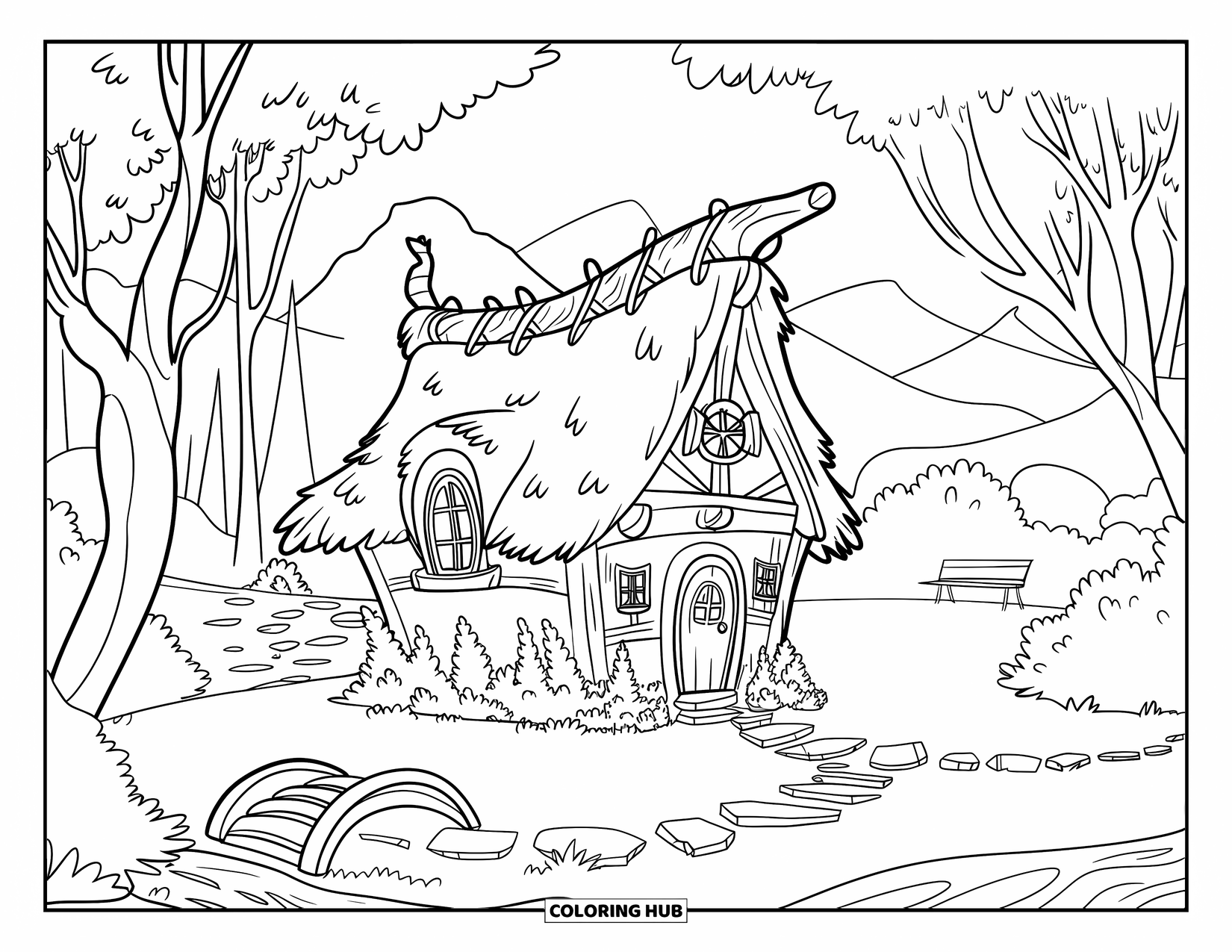 Feeënhuis Kleurplaat voor Kinderen: Een rustiek feeënhuis met een stenen pad, kleine luiken en een brug over een zachte beek