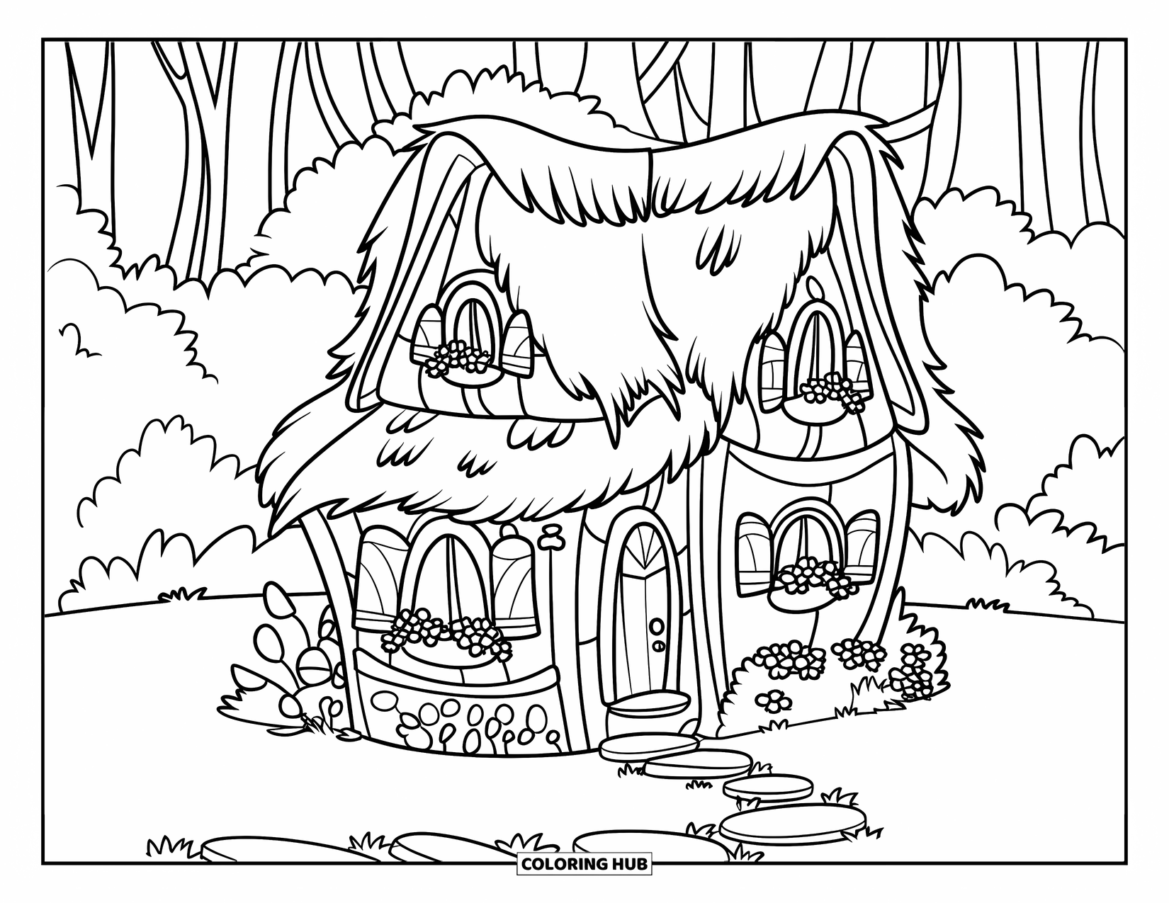 Feeënhuis Kleurplaat voor Kinderen: Een rustiek houten feeënhuis met een rieten dak, stenen pad en weelderig groen eromheen