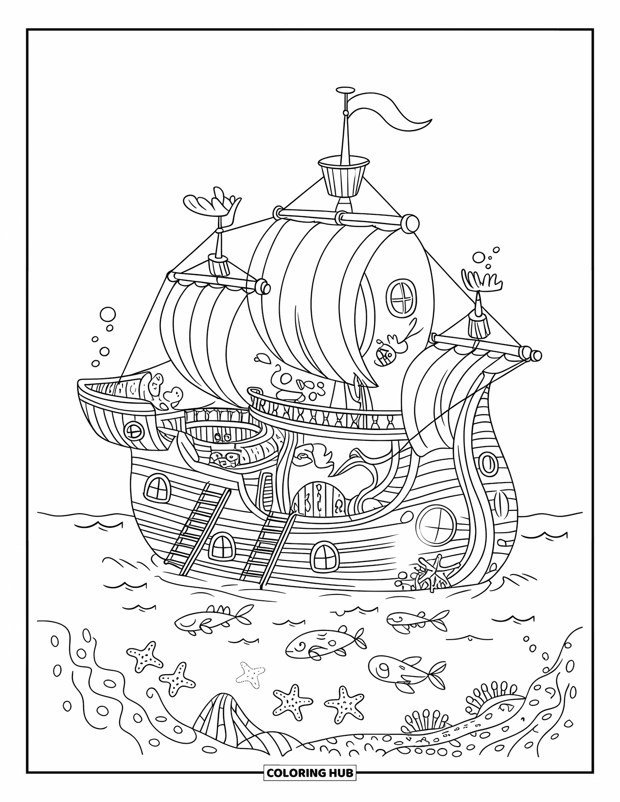 Feeënhuis Kleurplaat voor Kinderen: Een schipbreuk hergebruikt tot een feeënhuis, met miniatuurladders en zeedieren eromheen