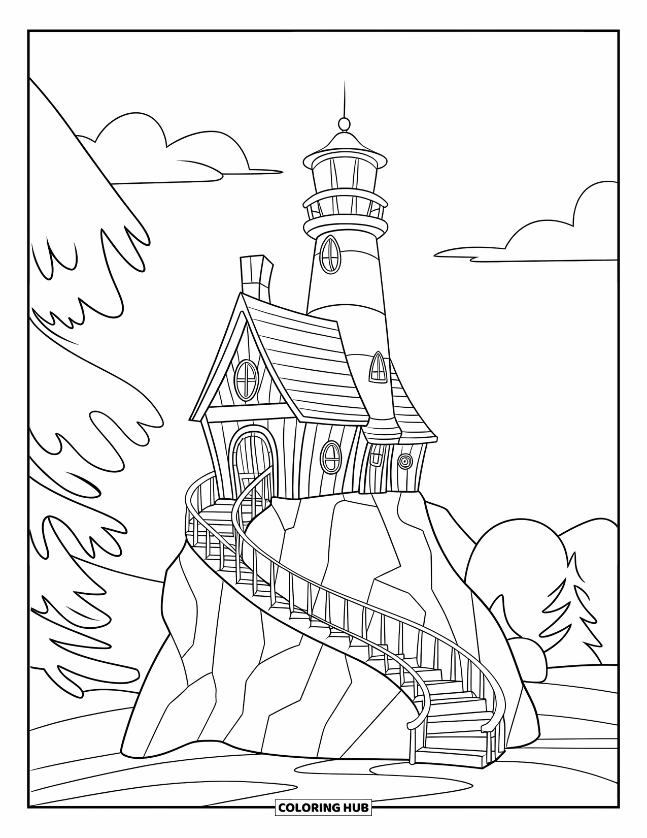 Feeënhuis Kleurplaat voor Kinderen: Een hoge feeënvuurtoren die op een rotsachtige piek staat, omringd door bomen en een kalm uitzicht op de oceaan