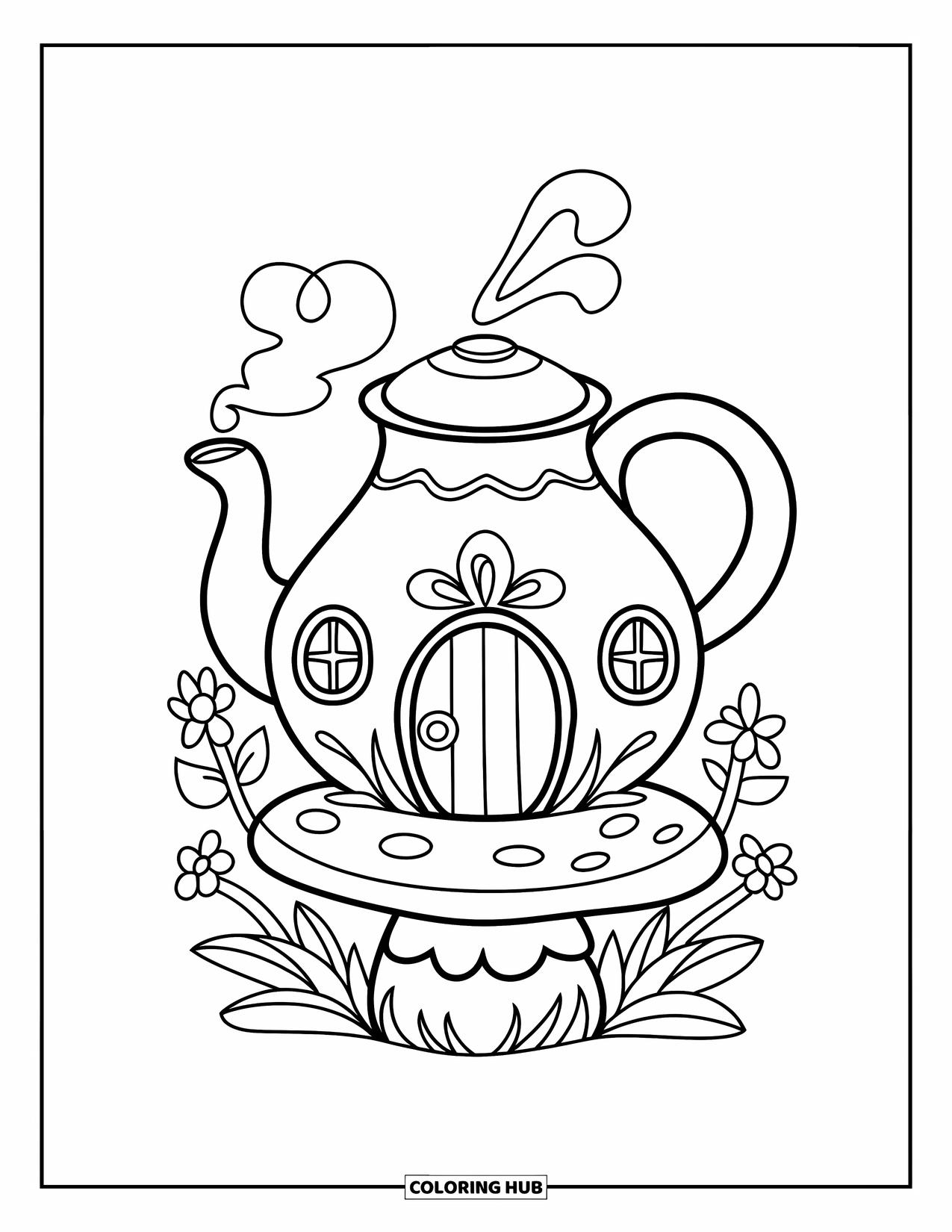 Feeënhuis Kleurplaat voor Kinderen: Een theepotvormig feeënhuis met een ronde deur, stoom die uit de tuit komt en bloemen in de buurt