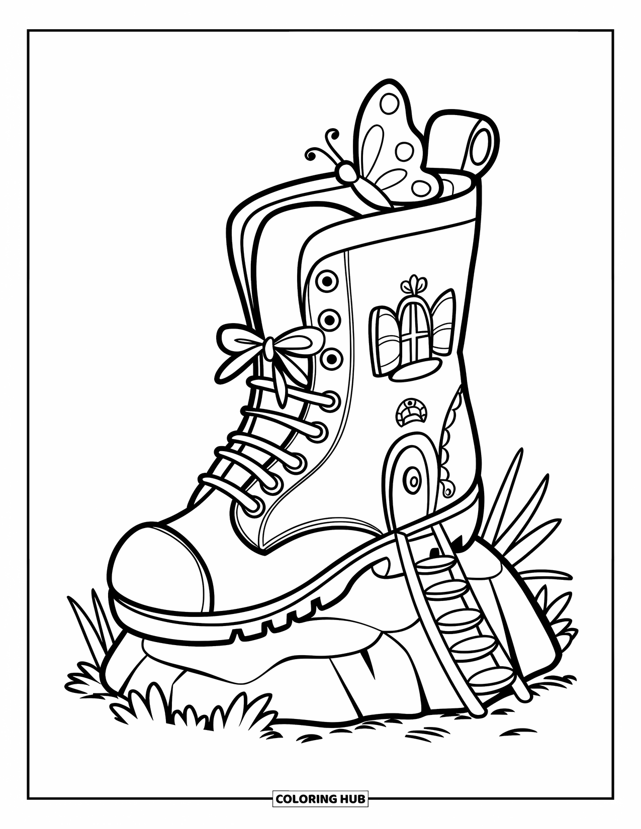 Feeënhuis Kleurplaat voor Kinderen: Een klein laarshuis dat op een rots rust, met een vlinder op het dak en een eenvoudige ladder