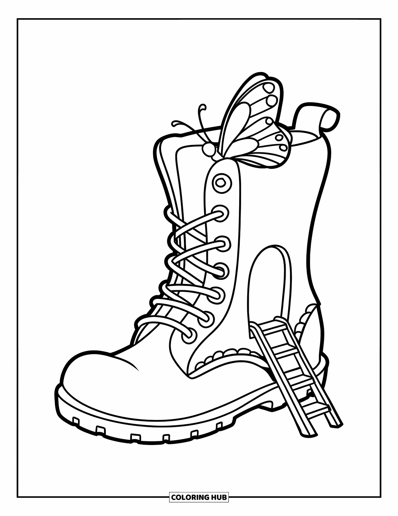 Feeënhuis Kleurplaat voor Kinderen: Een klein laarsvormig feeënhuis met een ladder die naar de ingang leidt en een vlinder die erop rust