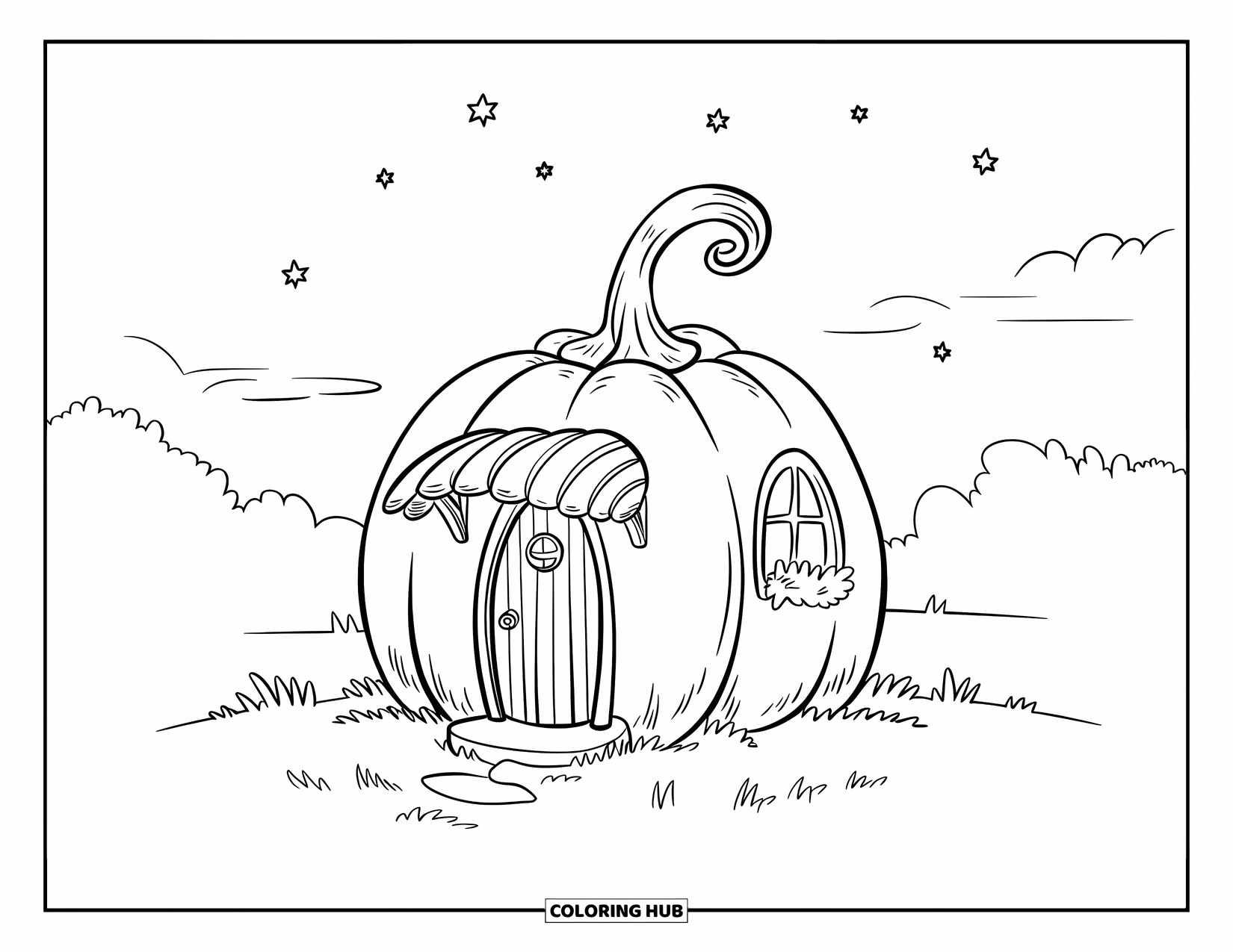 Feeënhuis Kleurplaat voor Kinderen: Een klein pompoenvormig feeënhuis met een rond raam, gelegen in een vredig, groen landschap