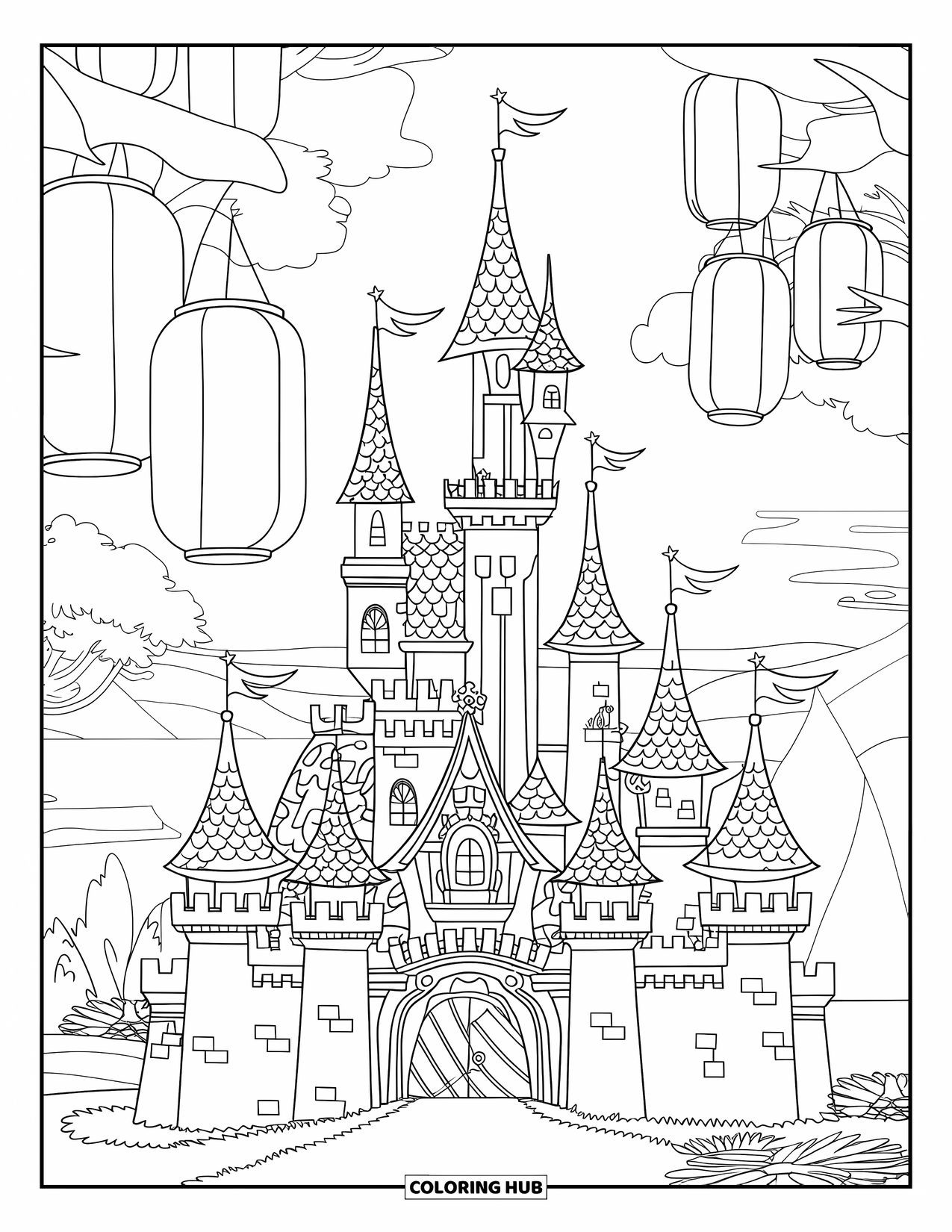Feeënhuis Kleurplaat voor Kinderen: Een torenhoog feeënkasteel met elegante torenspitsen, gloeiende ramen en een dromerig berglandschap