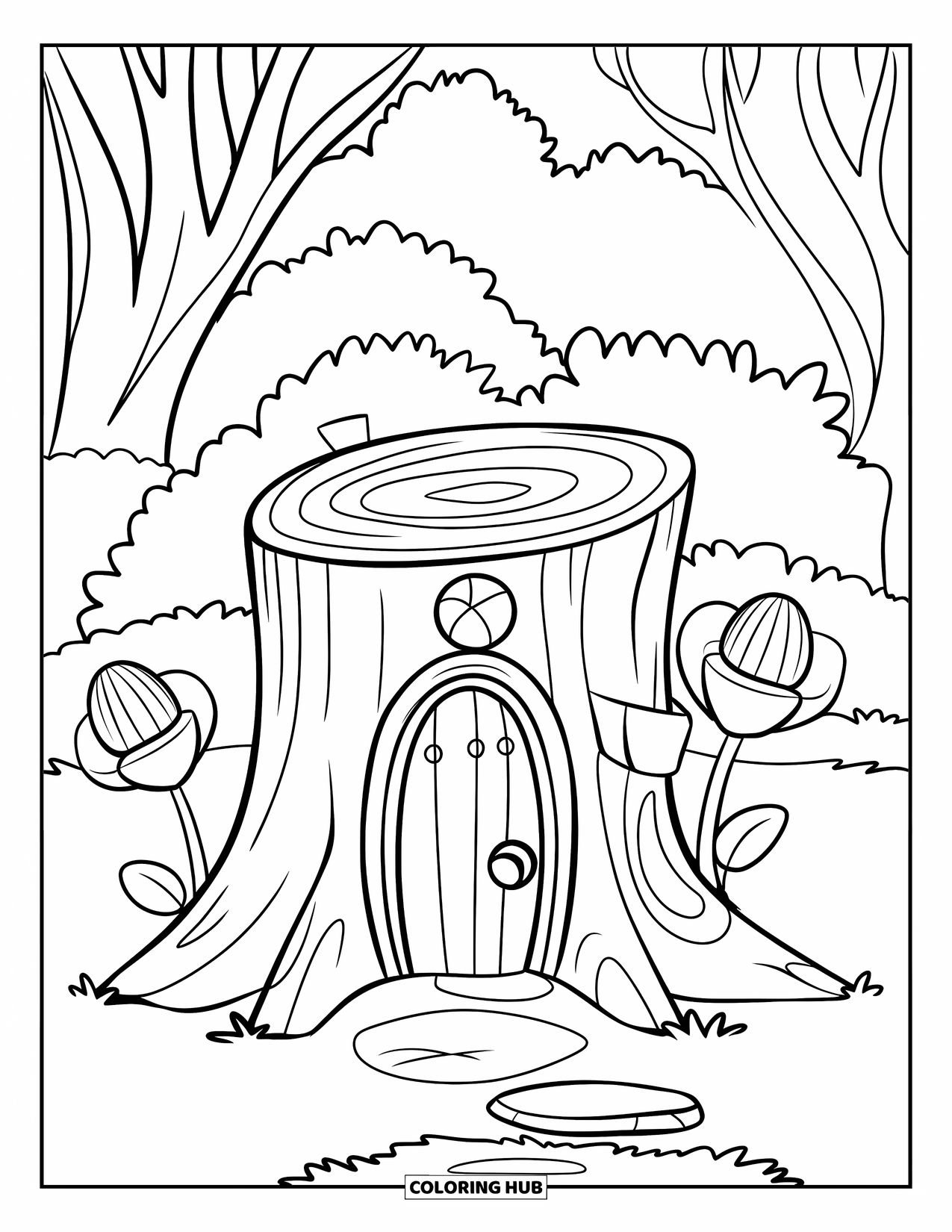Feeënhuis Kleurplaat voor Kinderen: Een feeënhuis in een boomstronk met een gebogen deur, een kleine schoorsteen en een stenen pad dat ernaartoe leidt