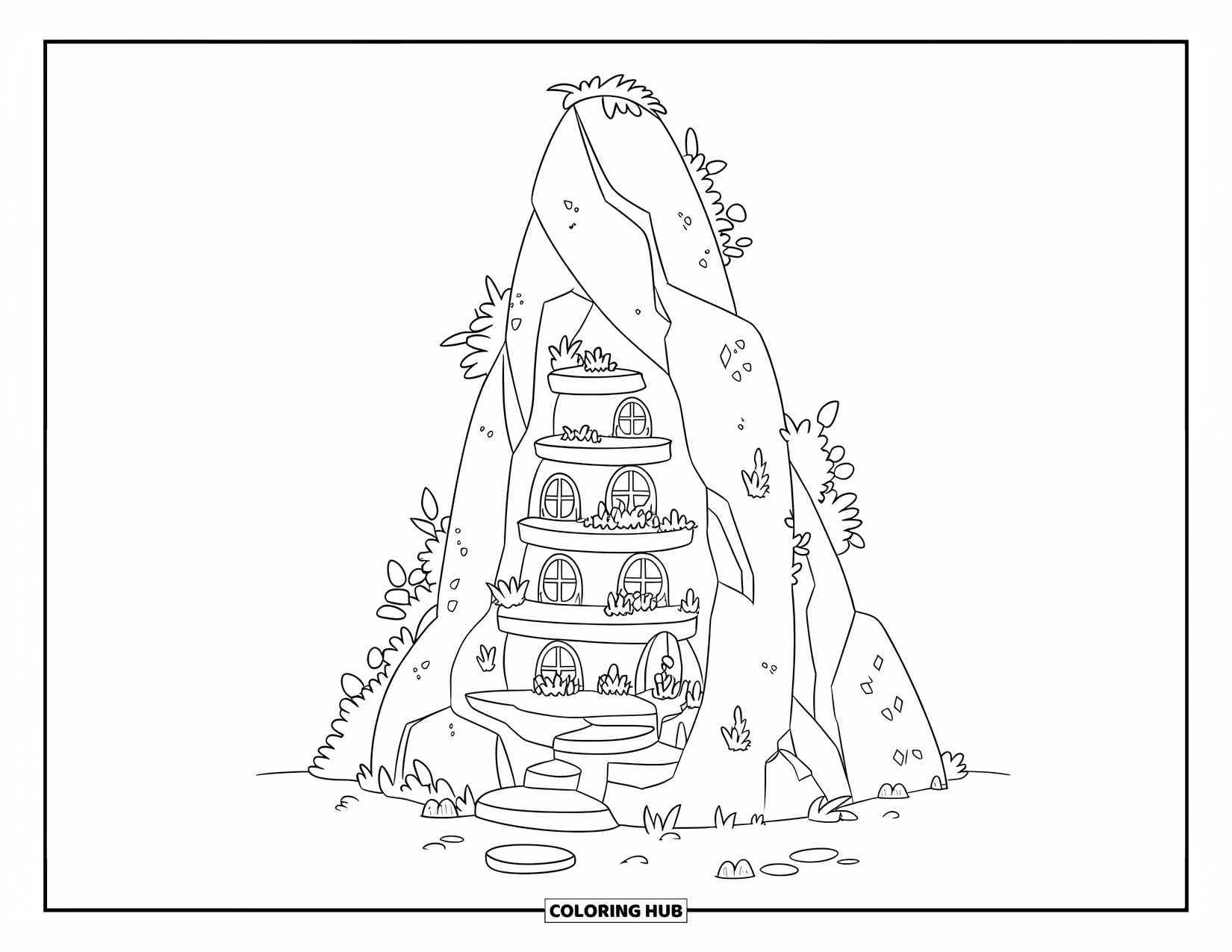 Feeënhuis Kleurplaat voor Kinderen: Een grillig feeënhuis in een rots, met ramen, deuren en een kleine tuin aan de bovenkant