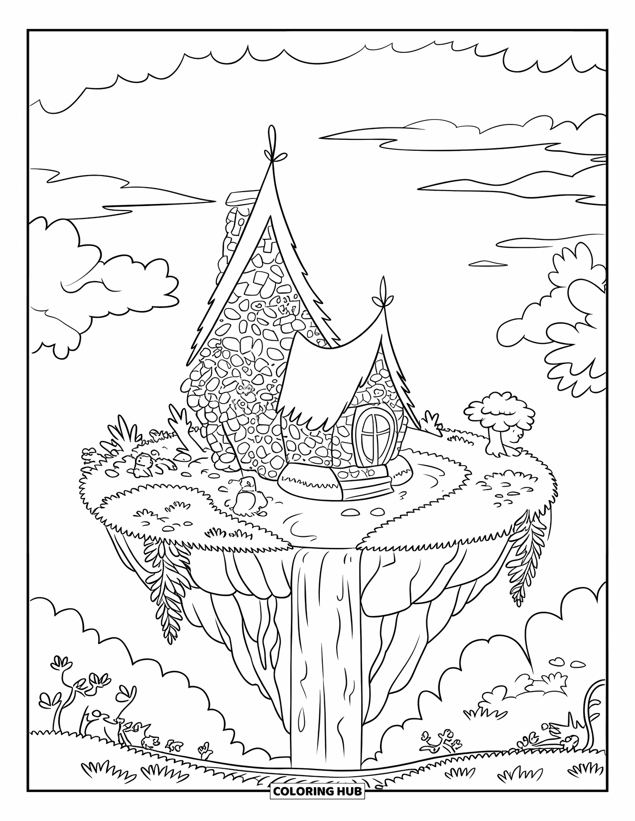 Feeënhuis Kleurplaat voor Kinderen: Een grillig feeënhuis op een drijvend eiland, met een waterval en een vredige luchtachtergrond