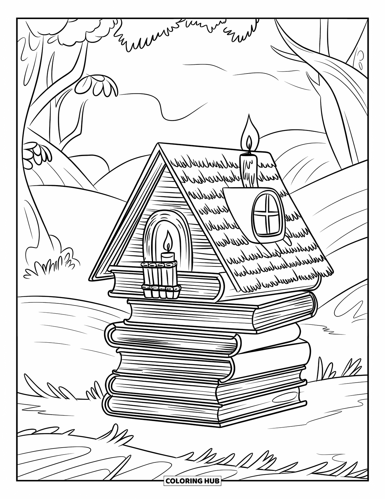 Feeënhuis Kleurplaat voor Kinderen: Een grillig huis gemaakt van gestapelde boeken, met een gezellig balkon en een gloeiende kaars