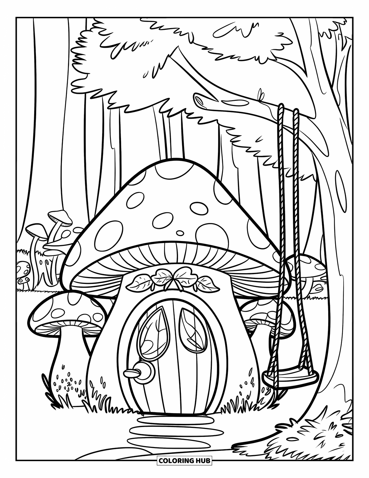 Feeënhuis Kleurplaat voor Kinderen: Een grillig paddenstoelenhuis met een rieten dak, een schommel en een feeëntuin eromheen