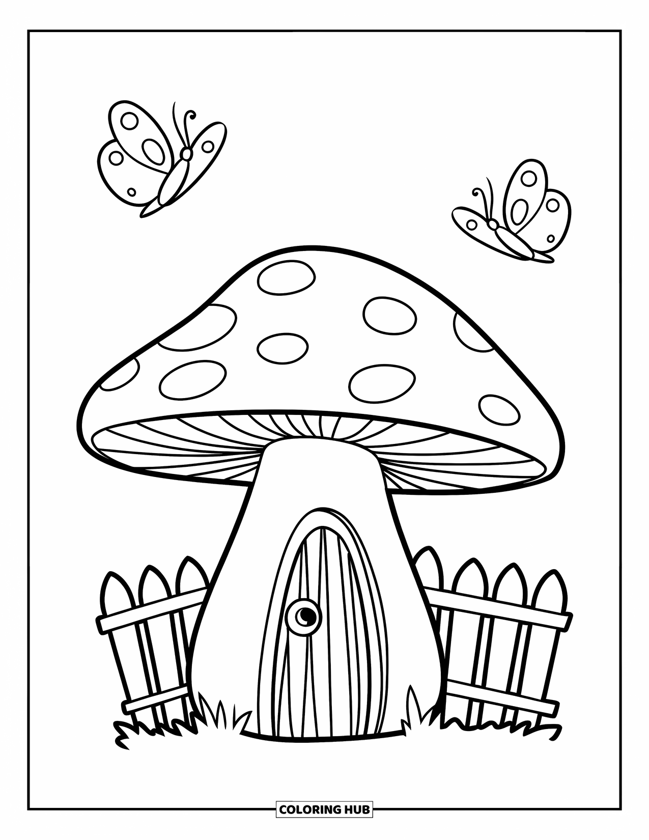 Feeënhuis Kleurplaat voor Kinderen: Een grillig paddenstoelenhuis met een gebogen dak, een klein hek en vlinders die rondvliegen