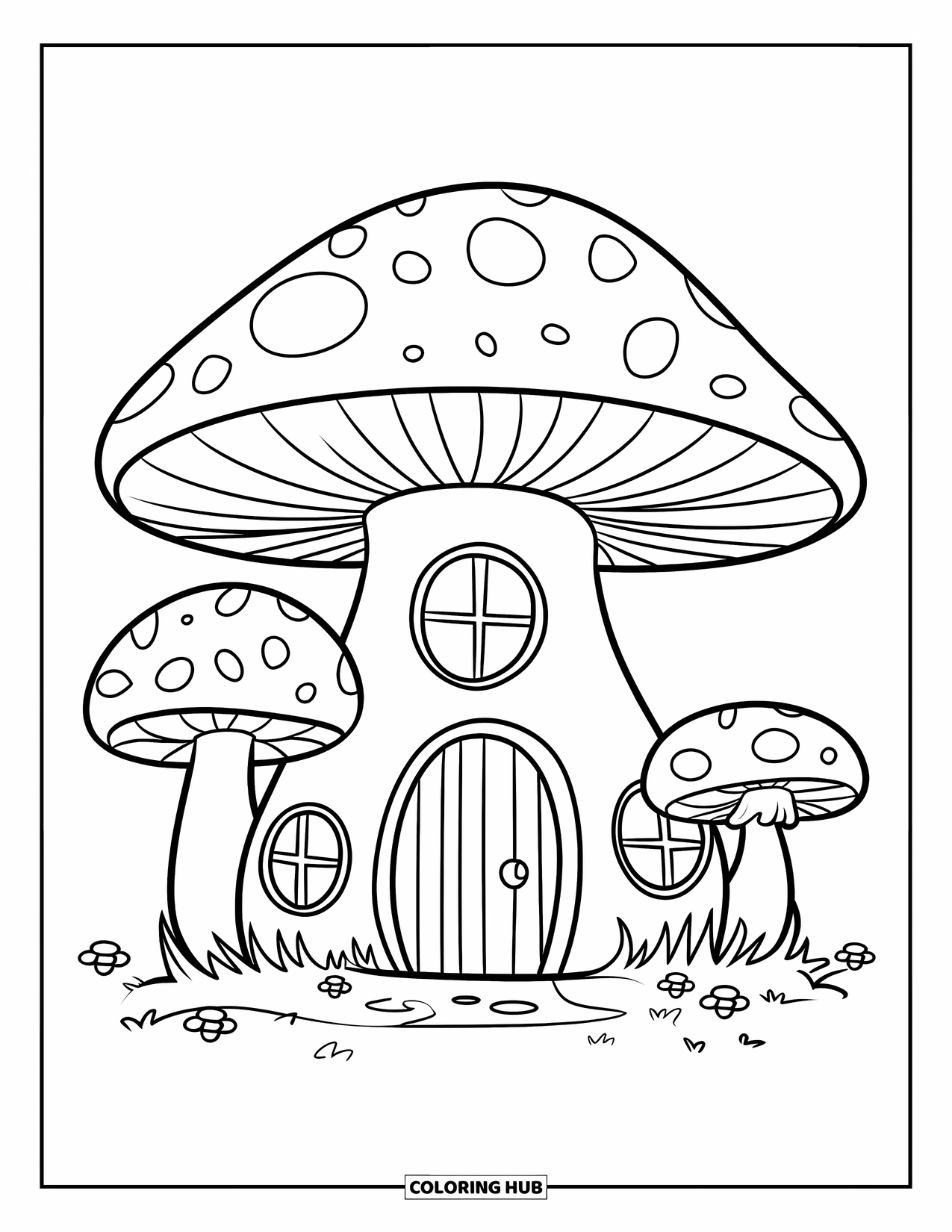 Feeënhuis Kleurplaat voor Kinderen: Een grillig paddenstoelenhuis met een ronde deur, twee ramen en een gezellige, groene omgeving