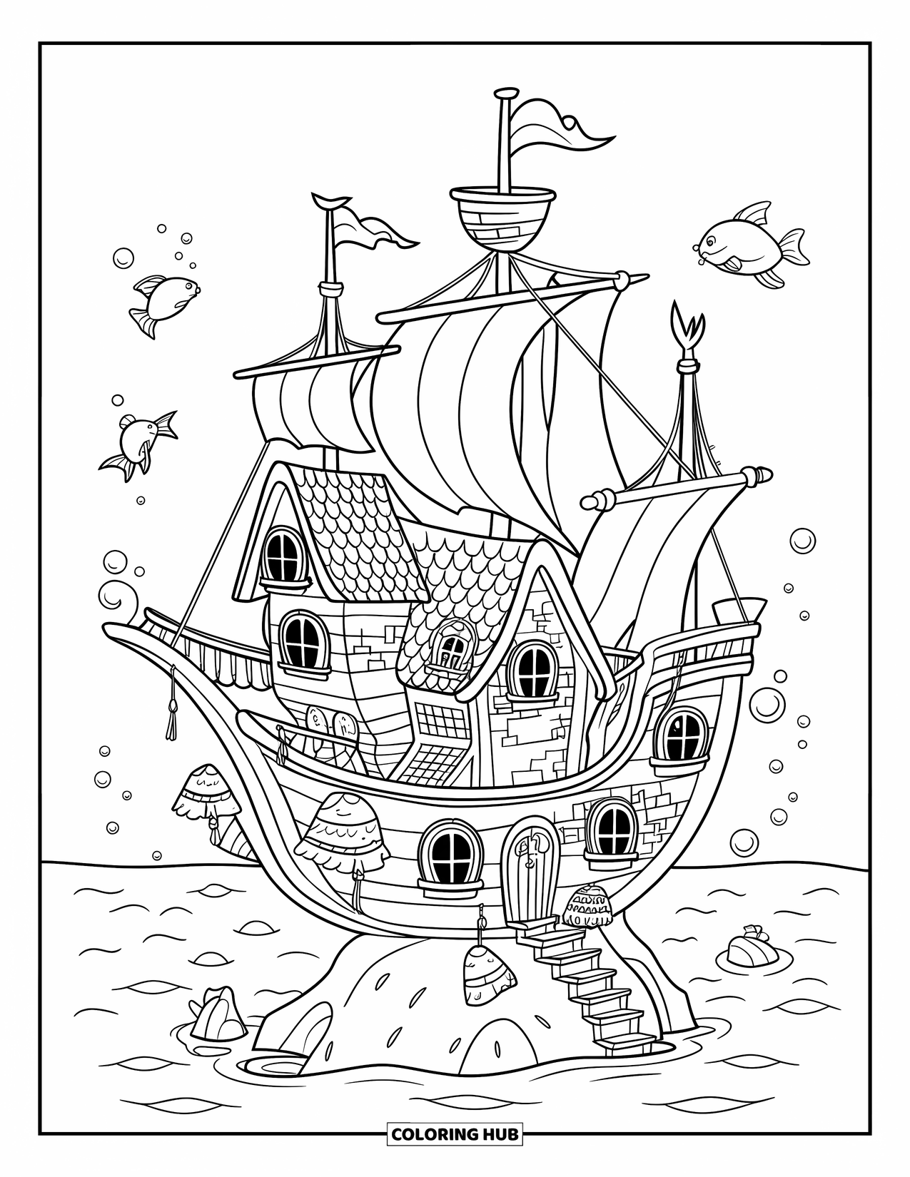 Feeënhuis Kleurplaat voor Kinderen: Een grillige schipbreuk die is veranderd in een feeënhuis en op een rots rust, omringd door een eindeloze oceaan