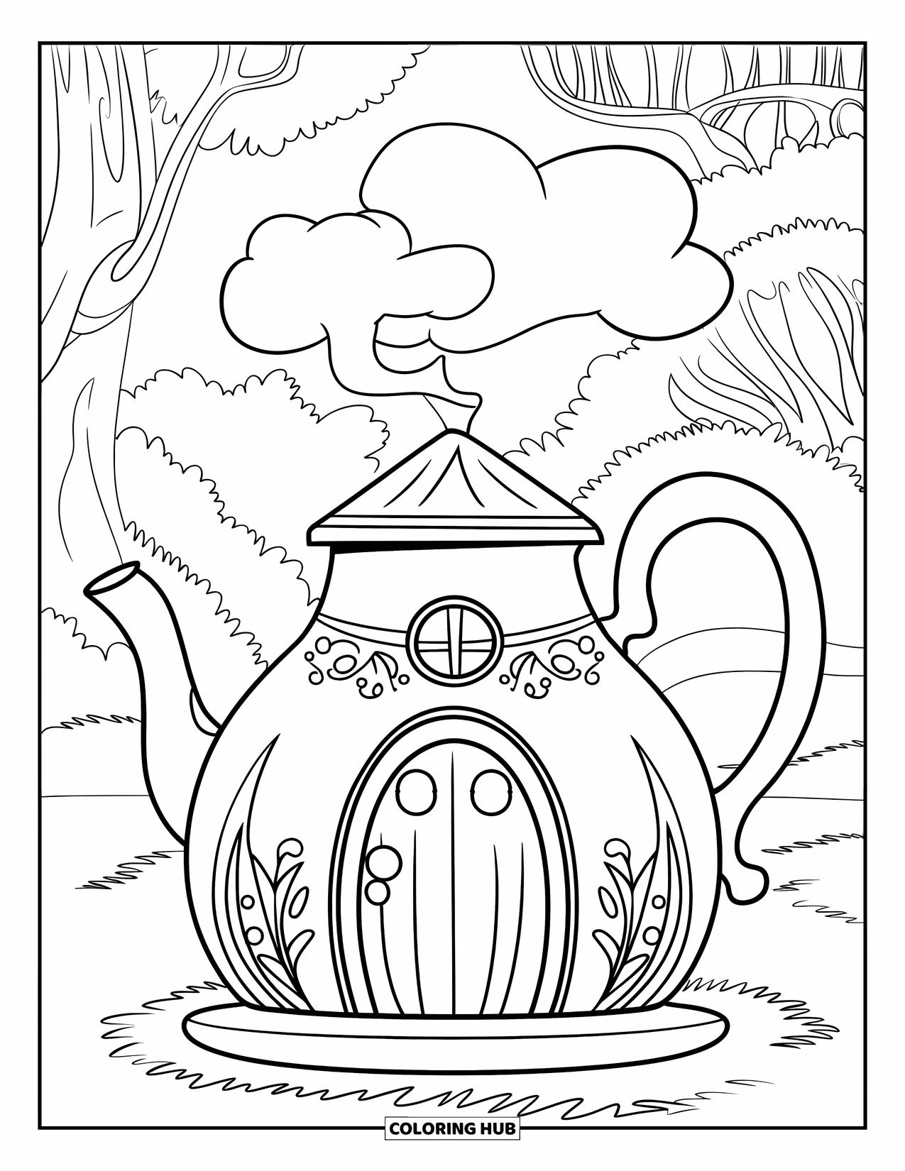 Feeënhuis Kleurplaat voor Kinderen: Een grillig theepothuis met stoom die uit de tuit komt, omringd door bloemen en bomen