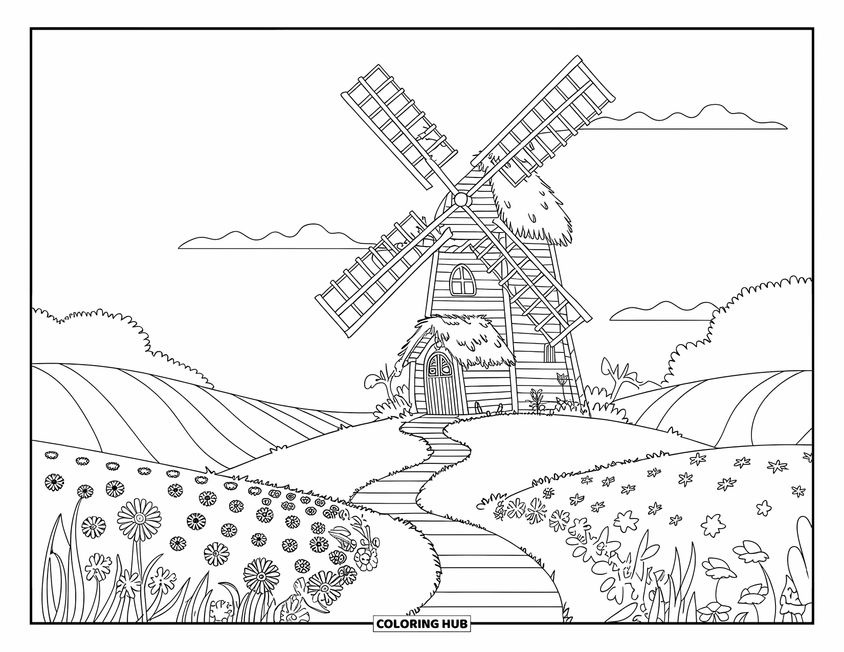 Feeënhuis Kleurplaat voor Kinderen: Een windmolen-feeënhuis op een kleine heuvel, omringd door bloeiende bloemen en een kronkelend pad