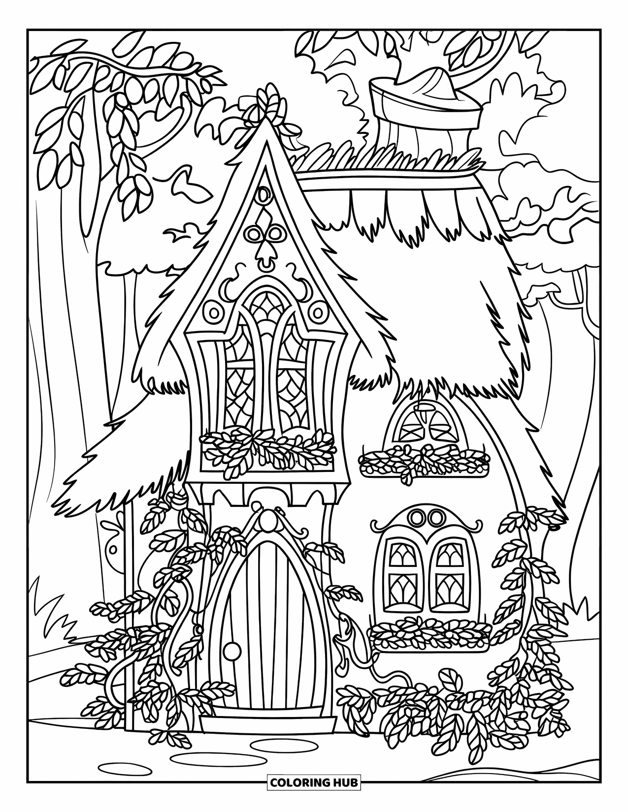 Feeënhuis Kleurplaat voor Kinderen: Een betoverend feeënhuis met Victoriaanse charme, met klimop begroeide muren en een rieten dak