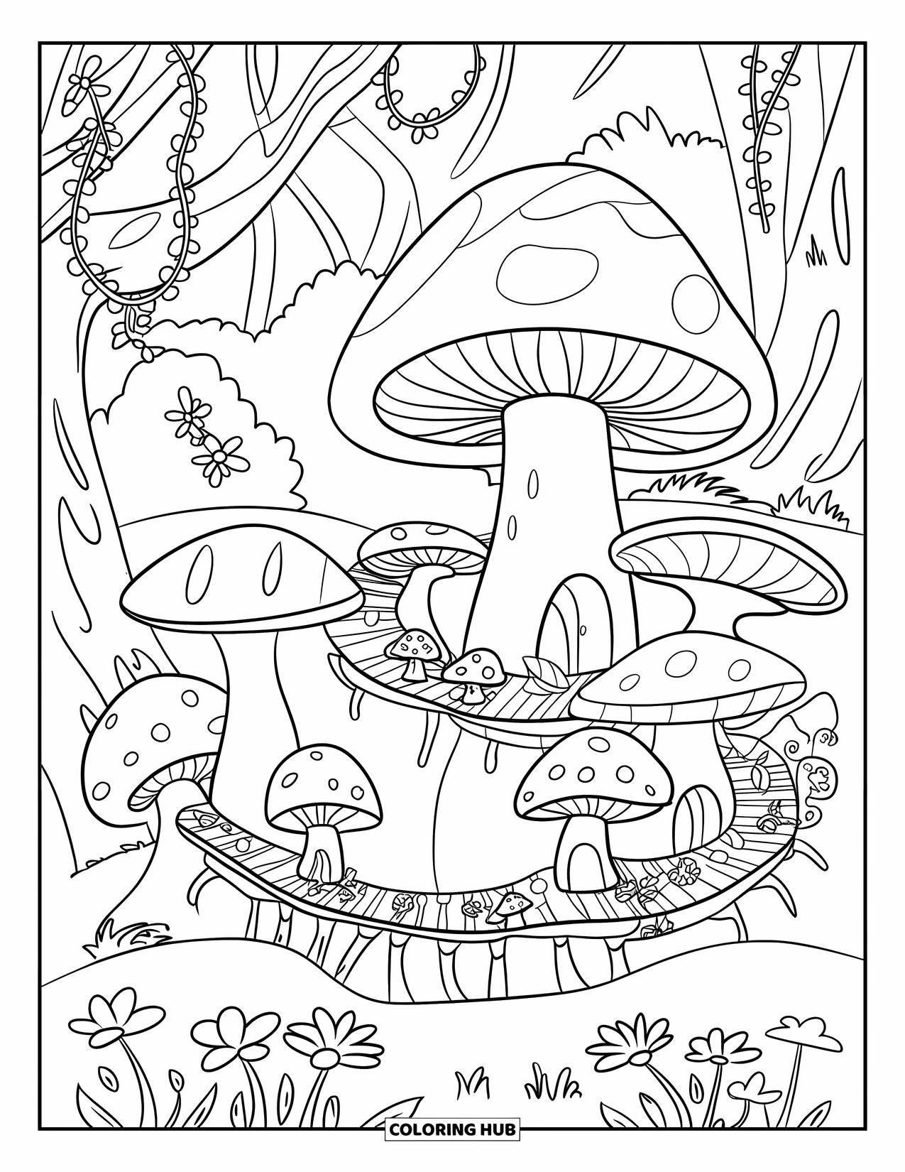 Feeënhuis Kleurplaat voor Kinderen: Verschillende paddenstoelenhuizen verbonden door kleine bruggen in een magisch feeëndorp omgeven door de natuur