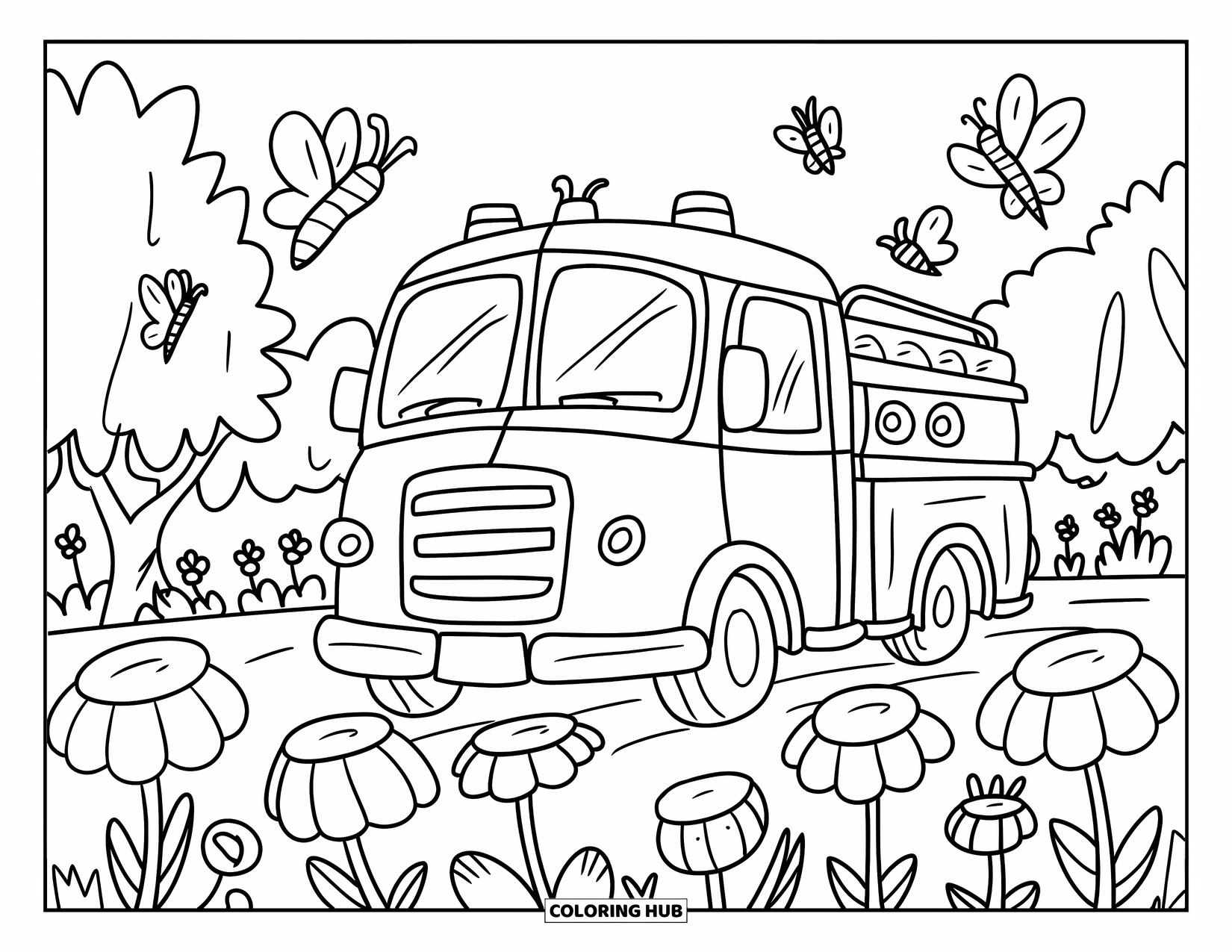 Desenho de caminhão de bombeiros para adultos: Um caminhão de bombeiros gordinho dirigindo através de flores grandes com borboletas e abelhas ao redor