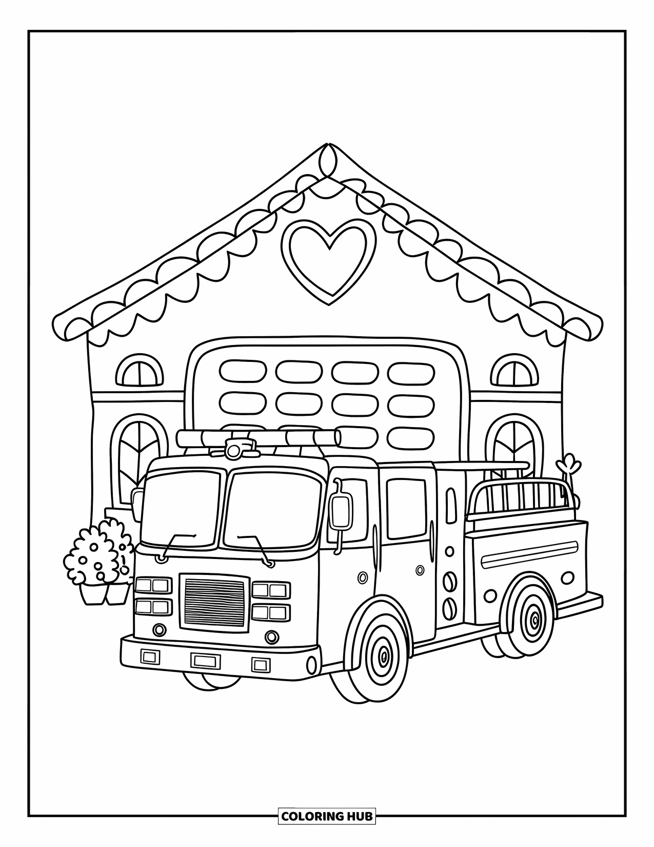 Desenho de caminhão de bombeiros para adultos: Um caminhão de bombeiros fofo e uma placa em forma de coração do lado de fora de um pequeno corpo de bombeiros kawaii