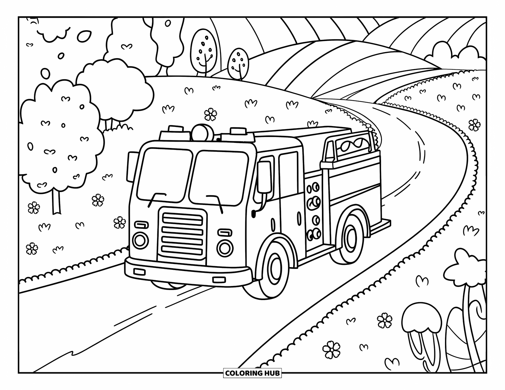 Desenho de caminhão de bombeiros para adultos: Um caminhão de bombeiros fofo dirigindo ao longo de uma estrada sinuosa, cercado por árvores fofas e flores