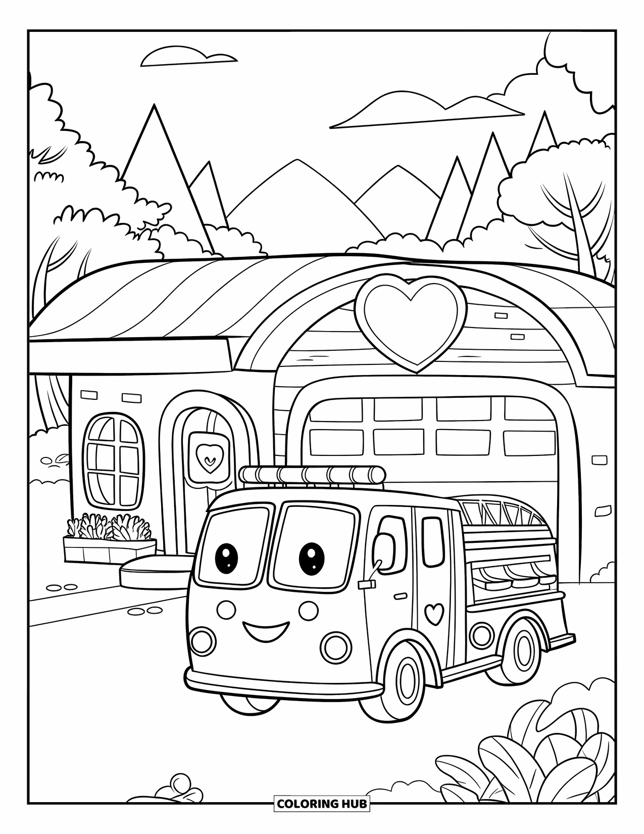 Desenho de caminhão de bombeiros para adultos: Um caminhão de bombeiros fofo estacionado em frente a um corpo de bombeiros kawaii com uma placa em forma de coração