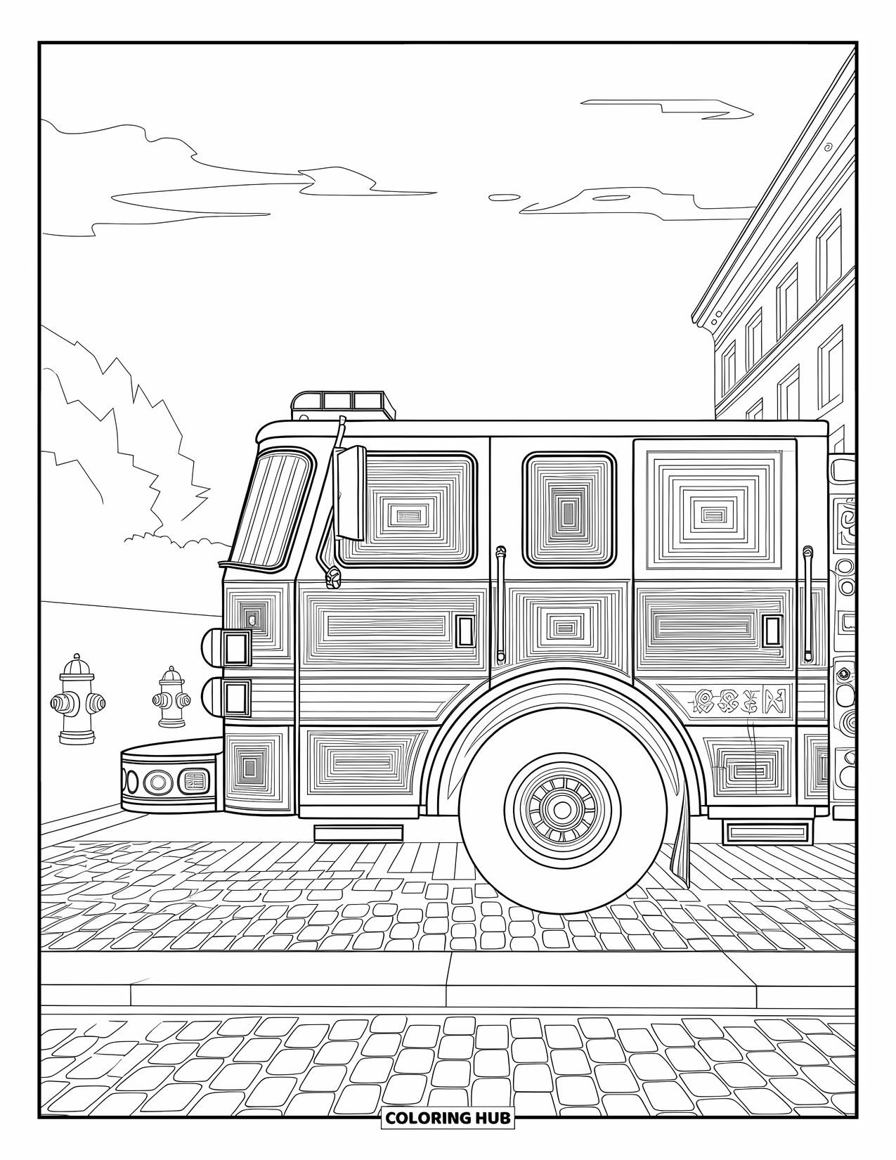 Desenho de caminhão de bombeiros para adultos: Uma vista lateral detalhada de um caminhão de bombeiros com listras e hidrantes por perto