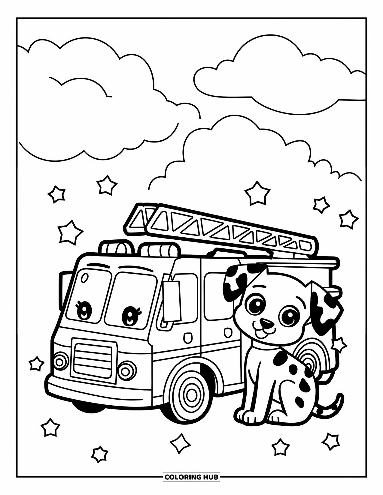 Desenho de caminhão de bombeiros para adultos: Um caminhão de bombeiros e um filhote de dálmata brincalhão com estrelas e pegadas no céu