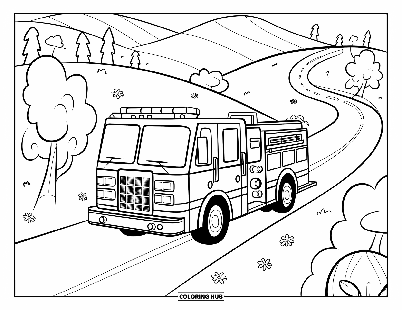 Desenho de caminhão de bombeiros para adultos: Um caminhão de bombeiros dirigindo por uma estrada rural, com elementos em miniatura brincalhões e adoráveis