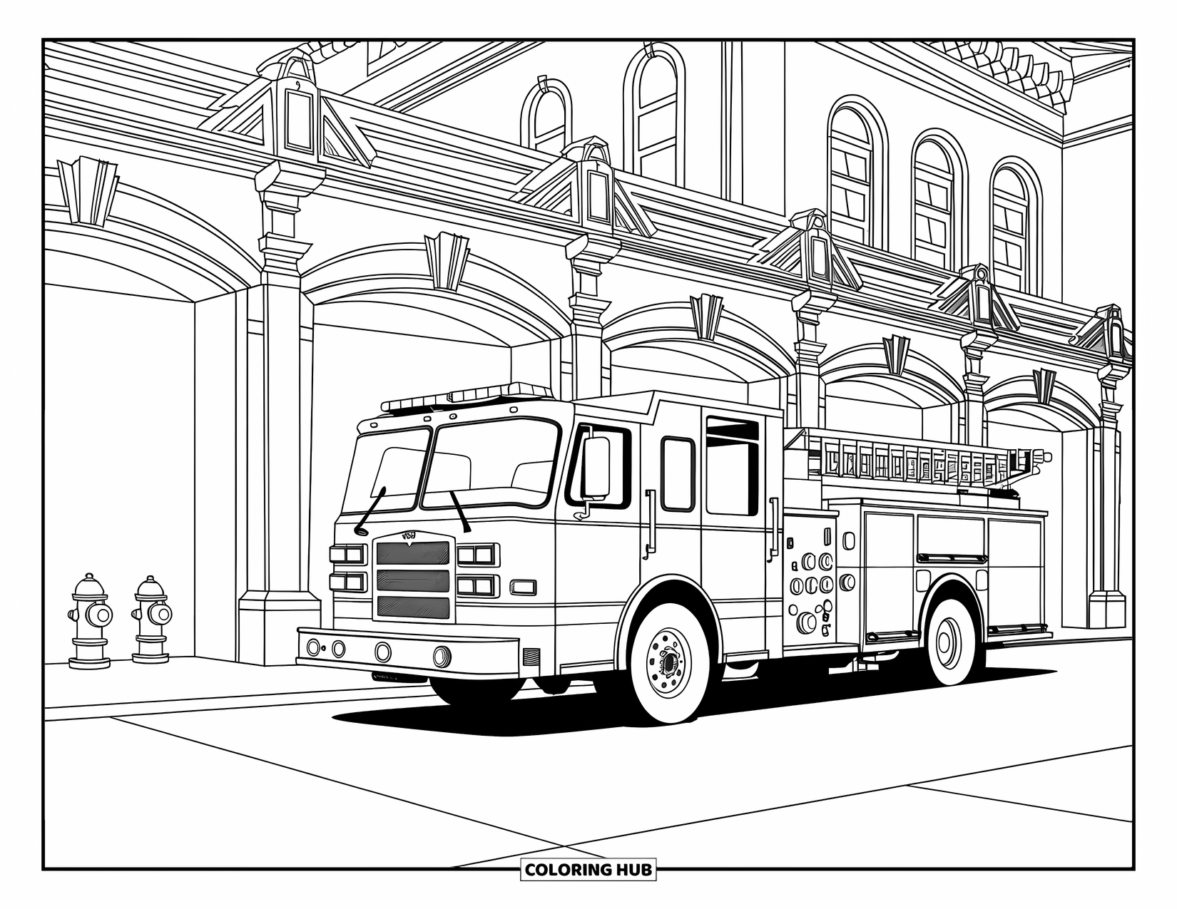 Desenho de caminhão de bombeiros para adultos: Um caminhão de bombeiros em frente a um corpo de bombeiros com colunas, arcos e hidrantes por perto